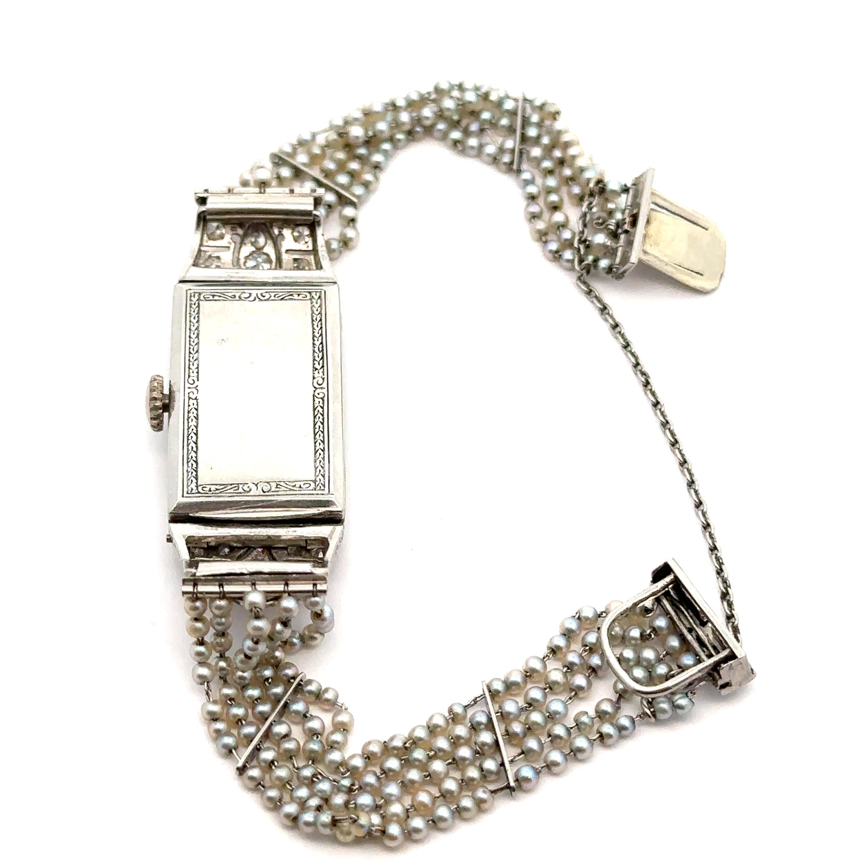 Antique Art Deco Swiss Gruen Platinum Old Diamond Watch w/ Seed Pearl Bracelet 4