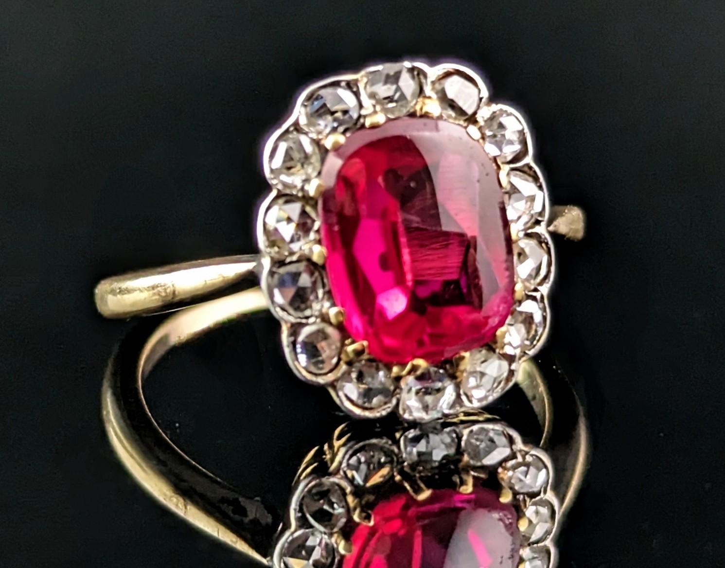 Cushion Cut Antique Art Deco Synthetic Ruby and Diamond cluster ring, 18k gold  For Sale