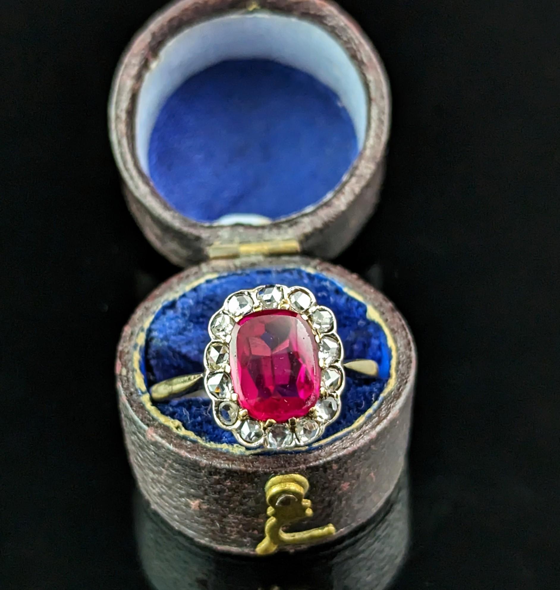 Antique Art Deco Synthetic Ruby and Diamond cluster ring, 18k gold  In Good Condition For Sale In NEWARK, GB