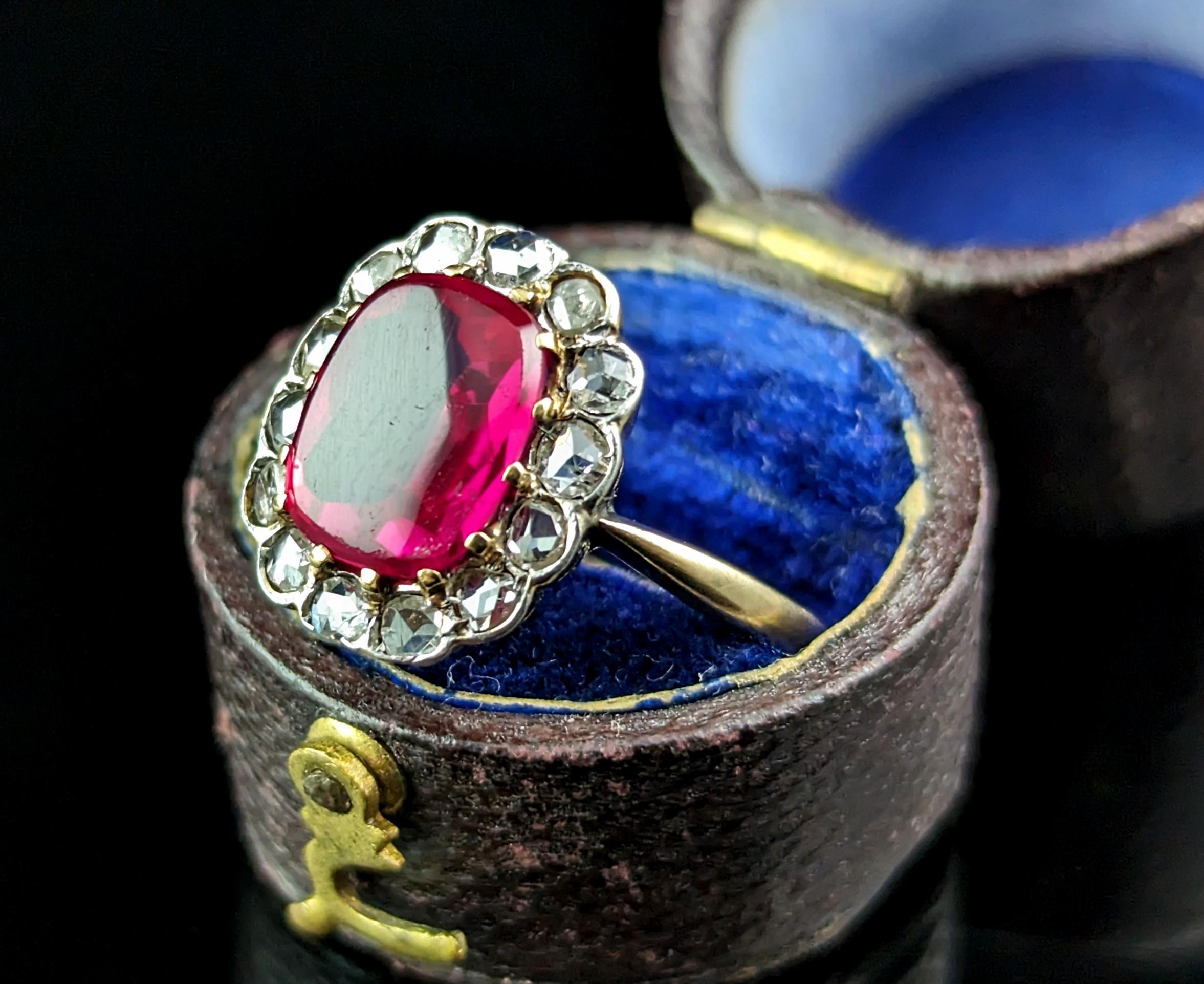 Women's Antique Art Deco Synthetic Ruby and Diamond cluster ring, 18k gold  For Sale