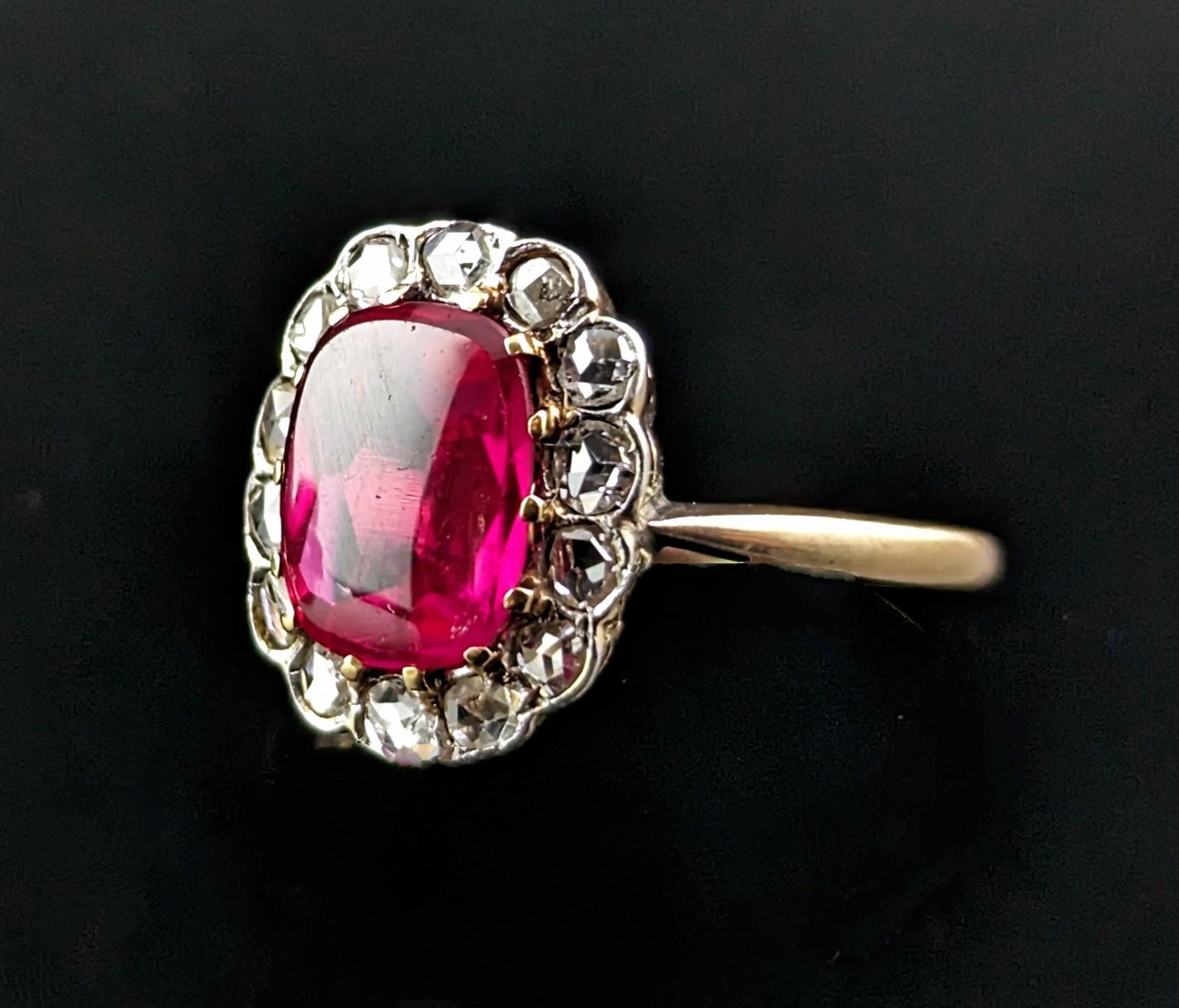 Antique Art Deco Synthetic Ruby and Diamond cluster ring, 18k gold  For Sale 3