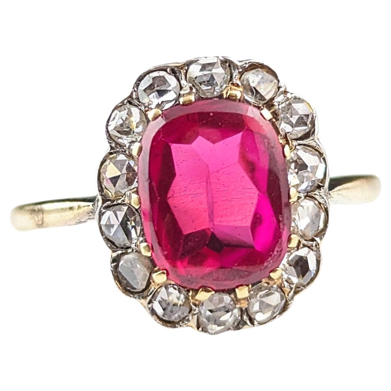 Antique Art Deco Synthetic Ruby and Diamond cluster ring, 18k gold  For Sale