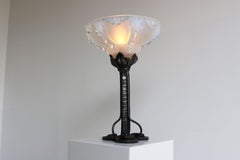 Antique Art Deco Table Lamp Design by Ezan 1930 France Wrought Iron & Ice Glass