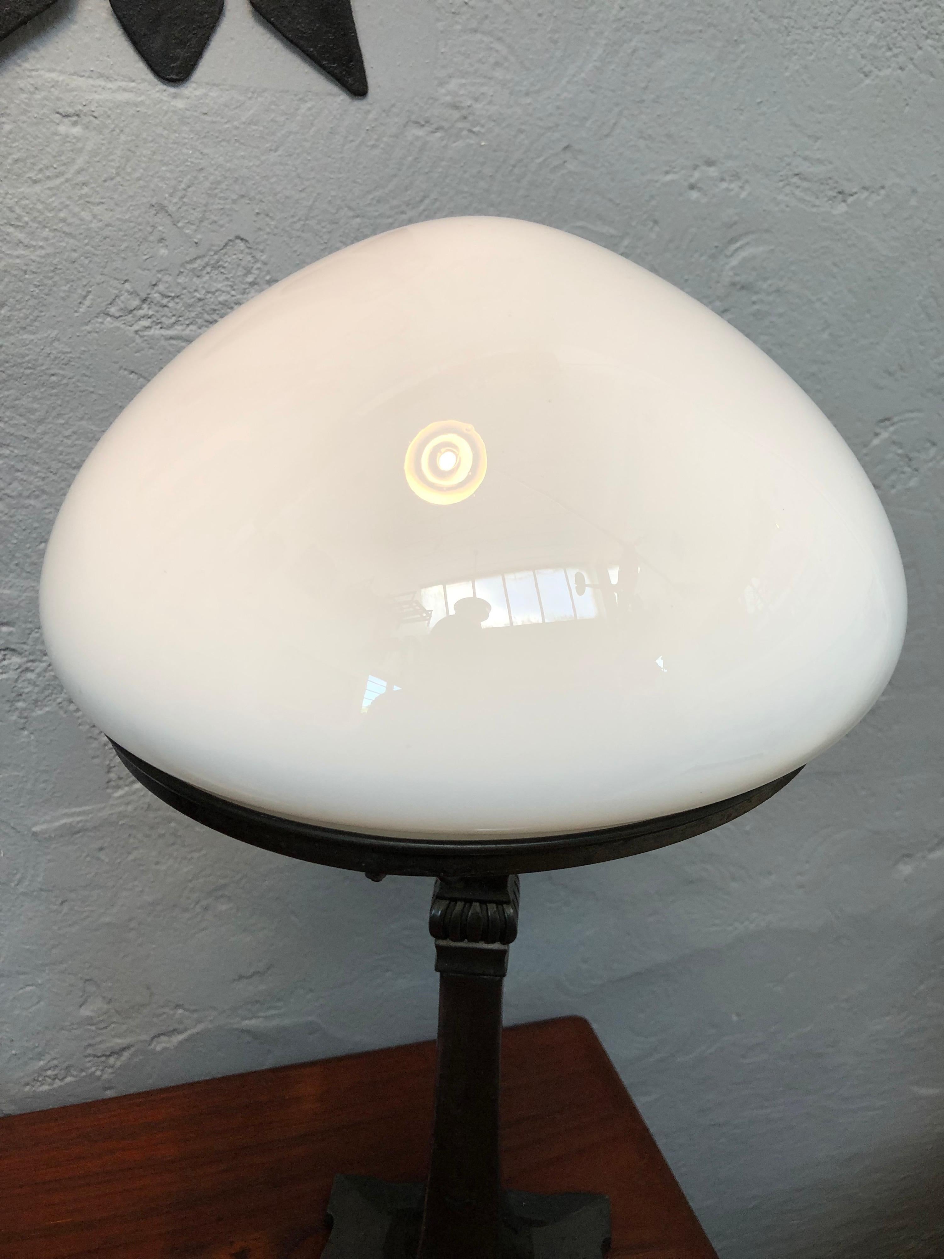 Metal Antique Art Deco Table Lamp in Cast Alloy with an Opaline Blown Glass Shade