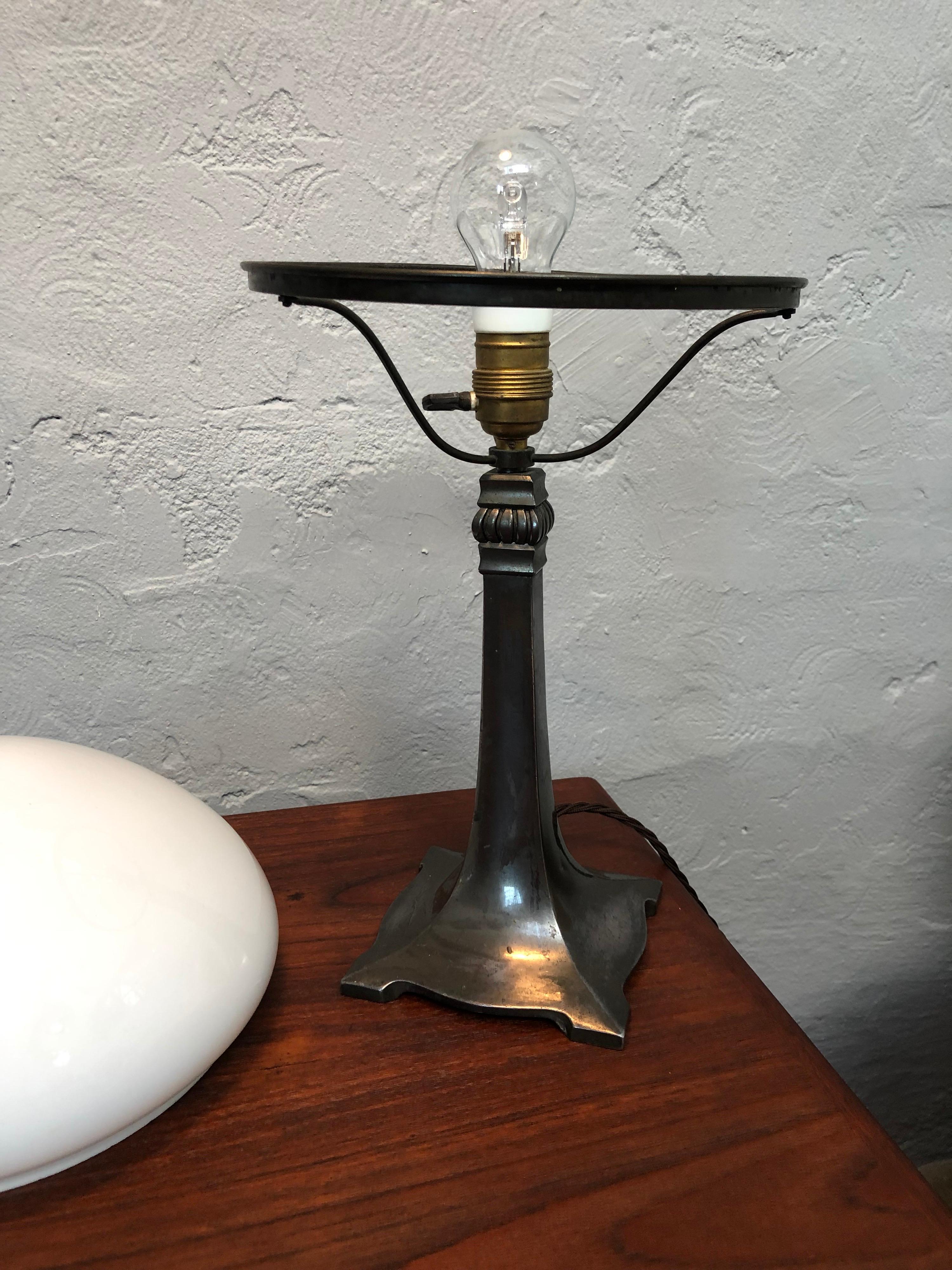 Antique Art Deco Table Lamp in Cast Alloy with an Opaline Blown Glass Shade 1