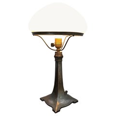 Antique Art Deco Table Lamp in Cast Alloy with an Opaline Blown Glass Shade