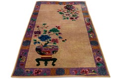 Antike Art Deco Tan und lila Wollteppich mit Classic Chinese Motiv 4 X 7