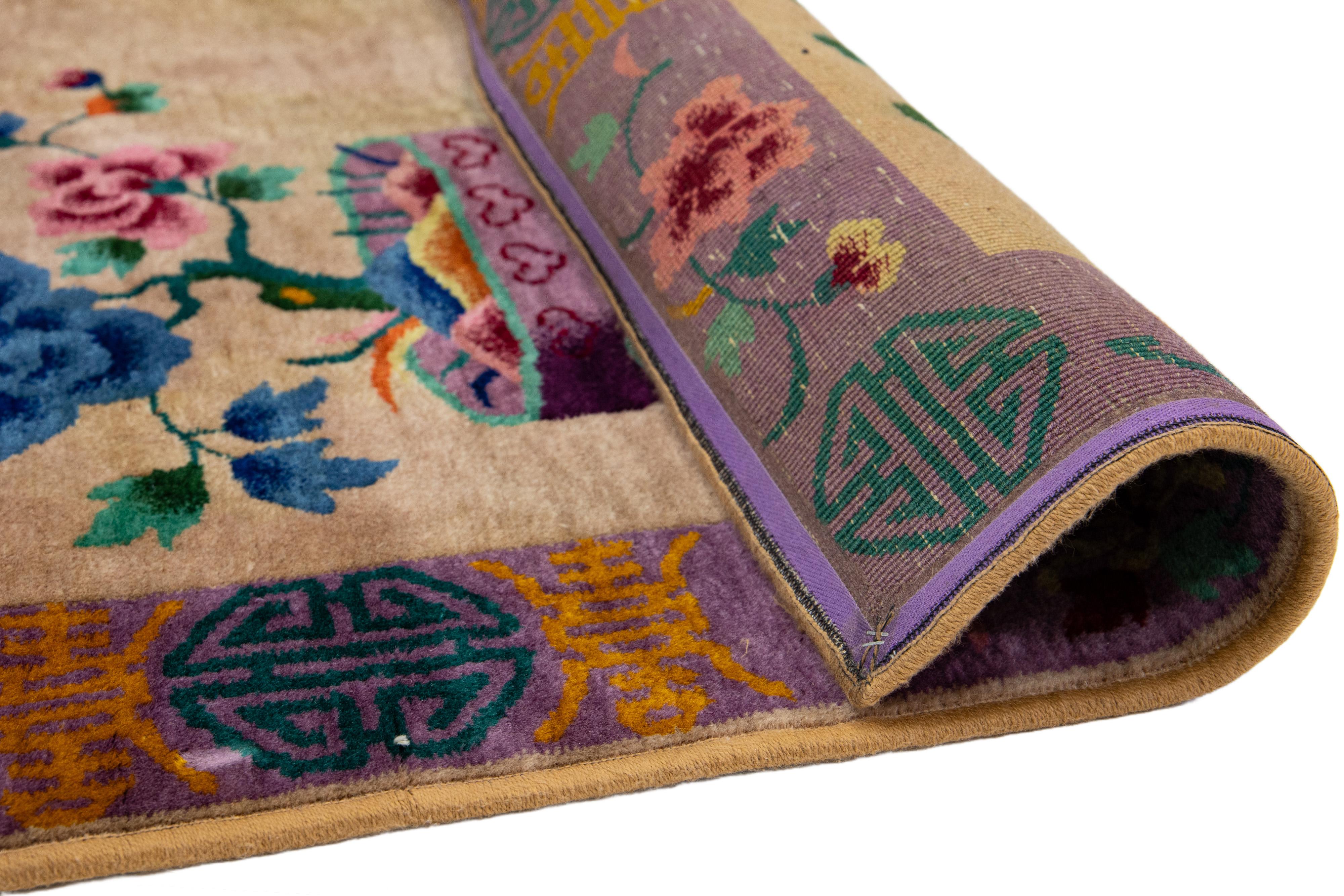 Chinese Export Antique Art Deco Tan and Purple Wool Rug with Classic Chinese Motif 4 X 7 For Sale
