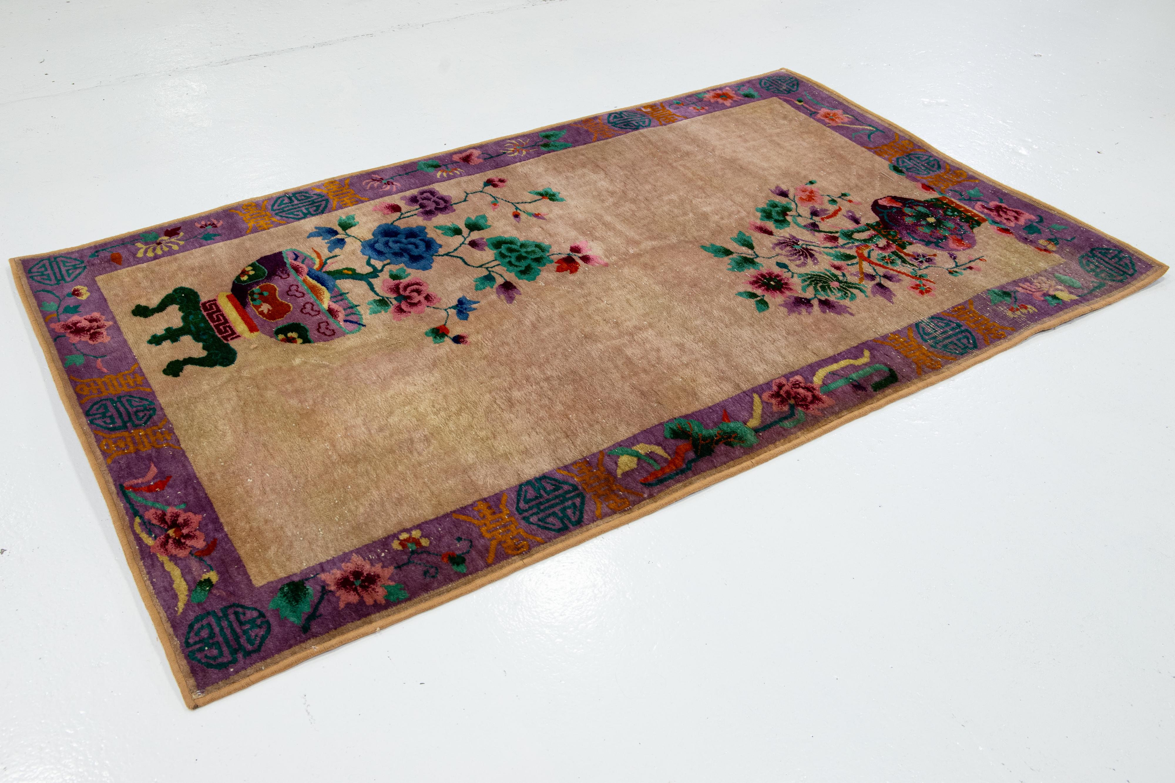 Antique Art Deco Tan and Purple Wool Rug with Classic Chinese Motif 4 X 7 In Good Condition For Sale In Norwalk, CT