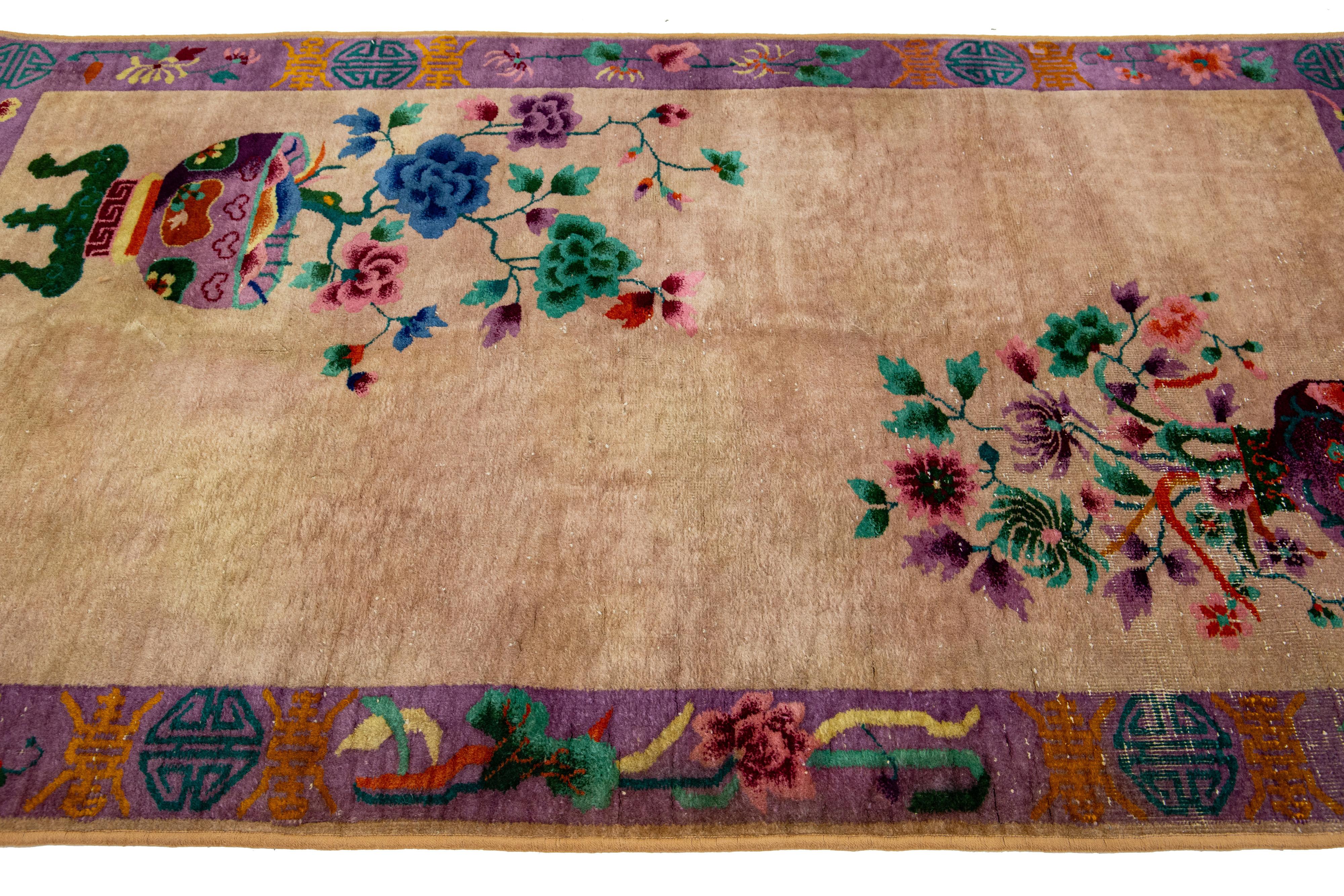 Antique Art Deco Tan and Purple Wool Rug with Classic Chinese Motif 4 X 7 For Sale 2