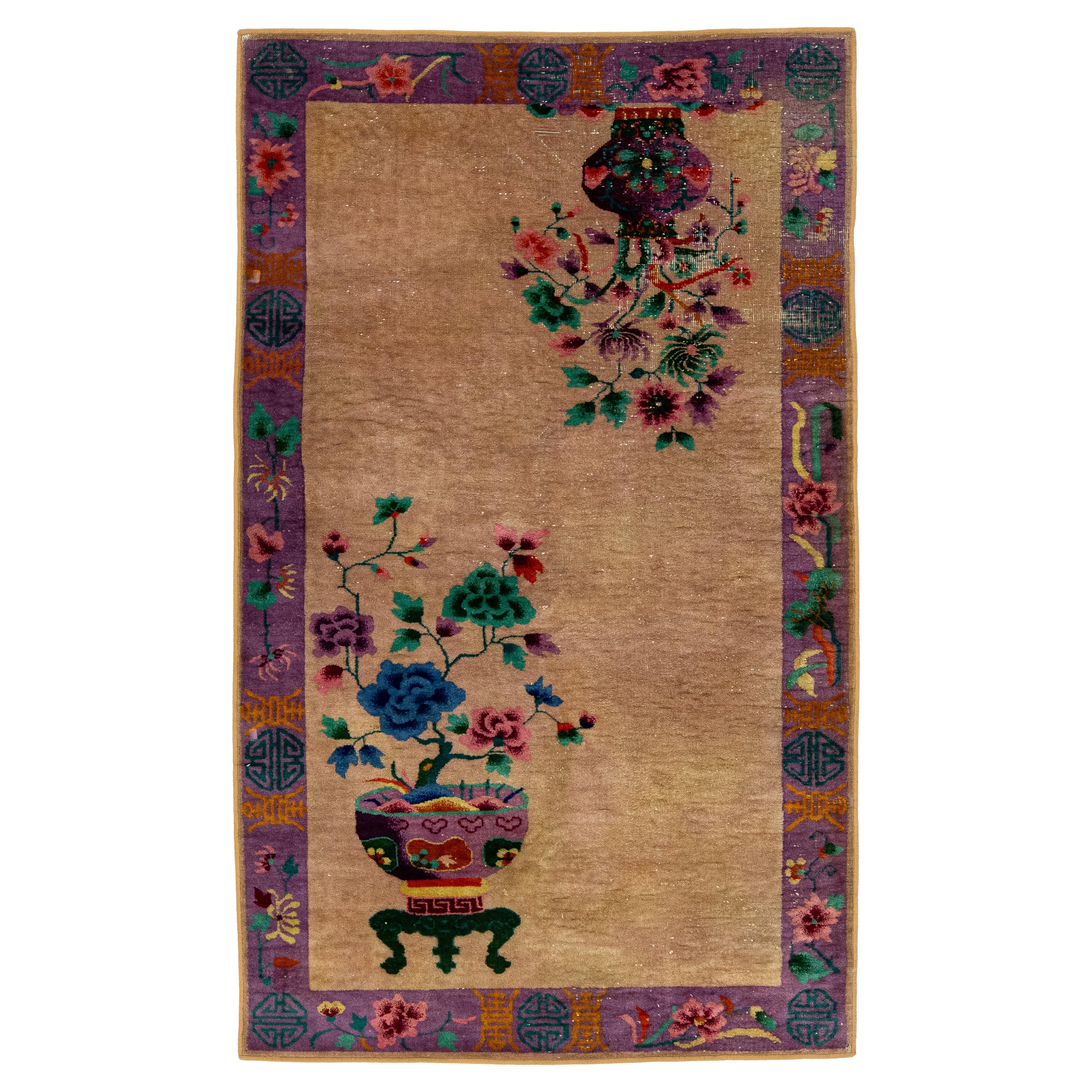Antique Art Deco Tan and Purple Wool Rug with Classic Chinese Motif 4 X 7