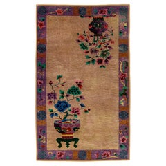 Vintage Art Deco Tan and Purple Wool Rug with Classic Chinese Motif 4 X 7
