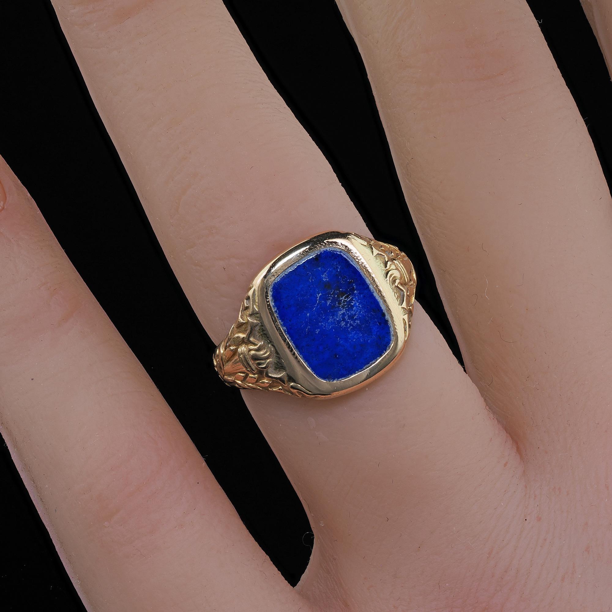 Antique Art Deco Tiffany and Co 14K Yellow Gold Lapis Engraved Ring 5