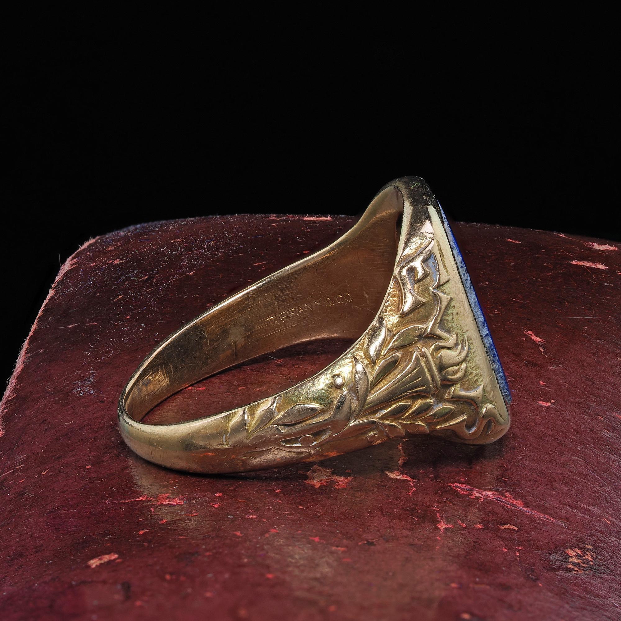 Antique Art Deco Tiffany and Co 14K Yellow Gold Lapis Engraved Ring 1