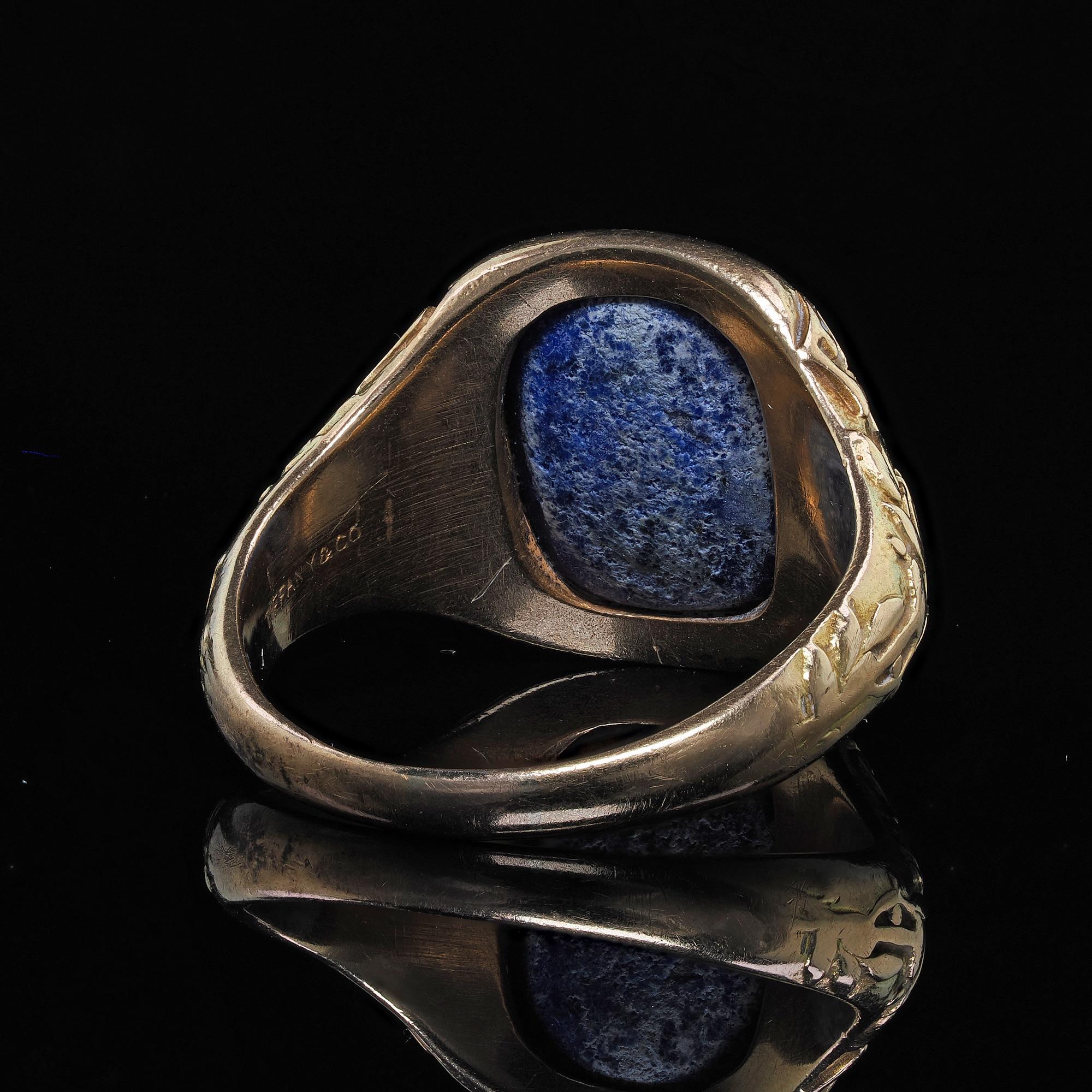 Antique Art Deco Tiffany and Co 14K Yellow Gold Lapis Engraved Ring 3