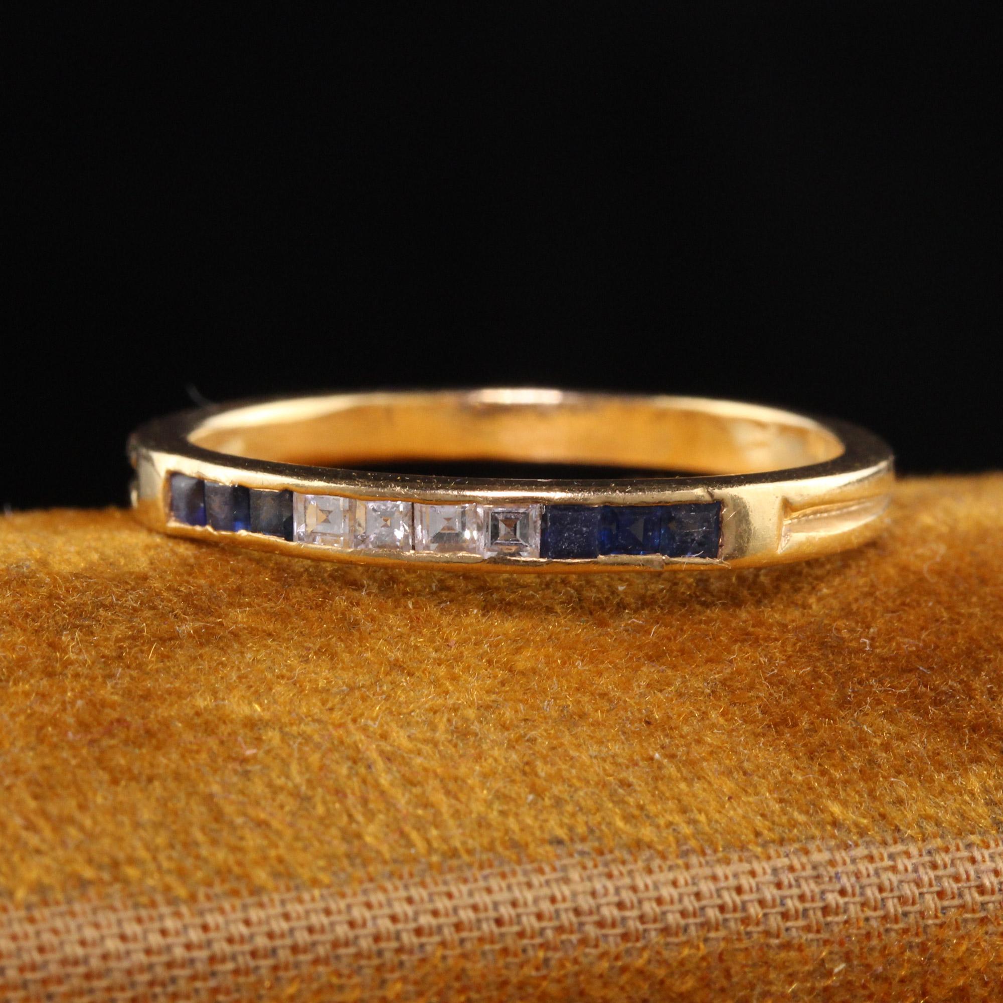 Beautiful Antique Art Deco Tiffany and Co 18K Yellow Gold Sapphire Carre Cut Diamond Band.This beautiful Tiffany and Co wedding band has sapphires and carre cut diamonds set on the top in an 18K yellow gold band. It's a classic style with very