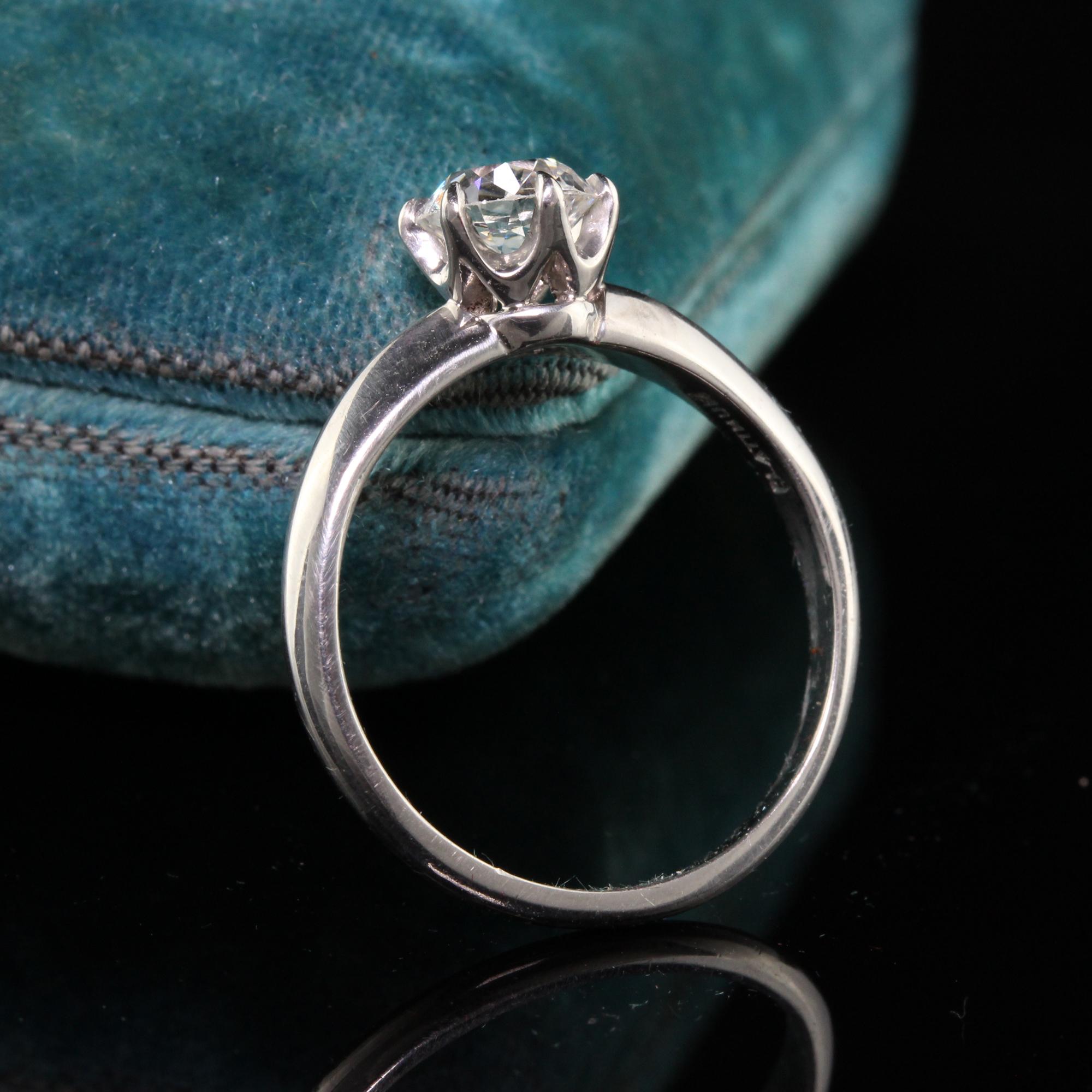 Beautiful Antique Art Deco Tiffany and Co Platinum Old European Diamond Engagement Ring. This classic Tiffany and Co engagement ring features a bright old european cut diamond in the center of a platinum mounting.

Item #R0905

Metal: