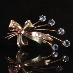 Antique Art Deco Tiffany & Co. 14K Yellow Gold Aquamarine Ribbon Bow Brooch Pin