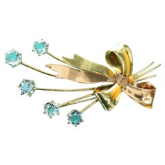 Antique Art Deco Tiffany & Co. 14K Yellow Gold Aquamarine Ribbon Bow Brooch Pin