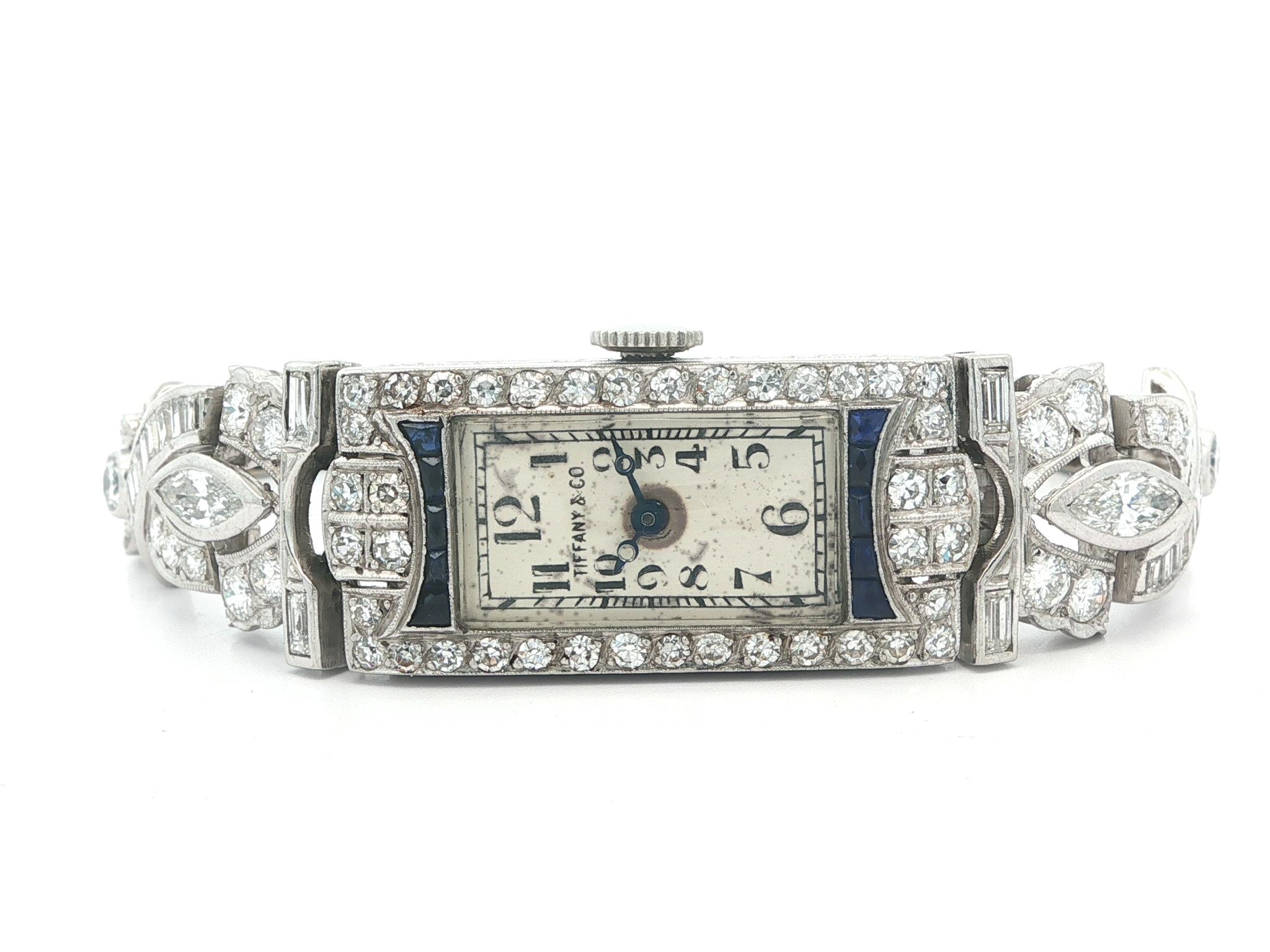 Antique Art Deco Tiffany 
Co. Platinum 3.2ctw Diamond 
Sapphire Watch Bracelet For Sale