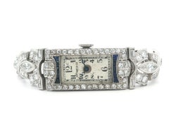 Antique Art Deco Tiffany 
Co. Platinum 3.2ctw Diamond 
Sapphire Watch Bracelet