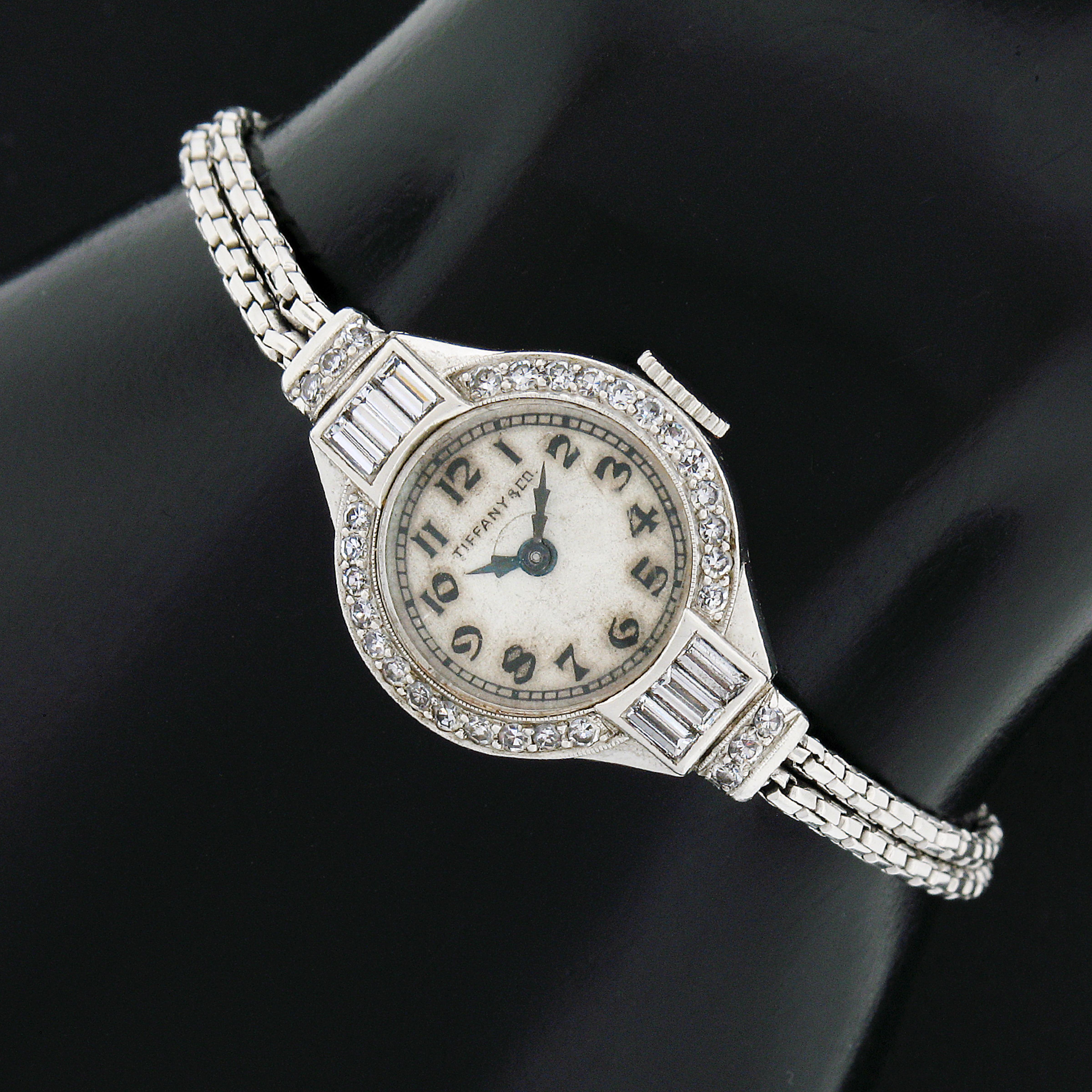 Antique Art Deco Tiffany & Co. Platinum Old European & Baguette Diamond Watch 1