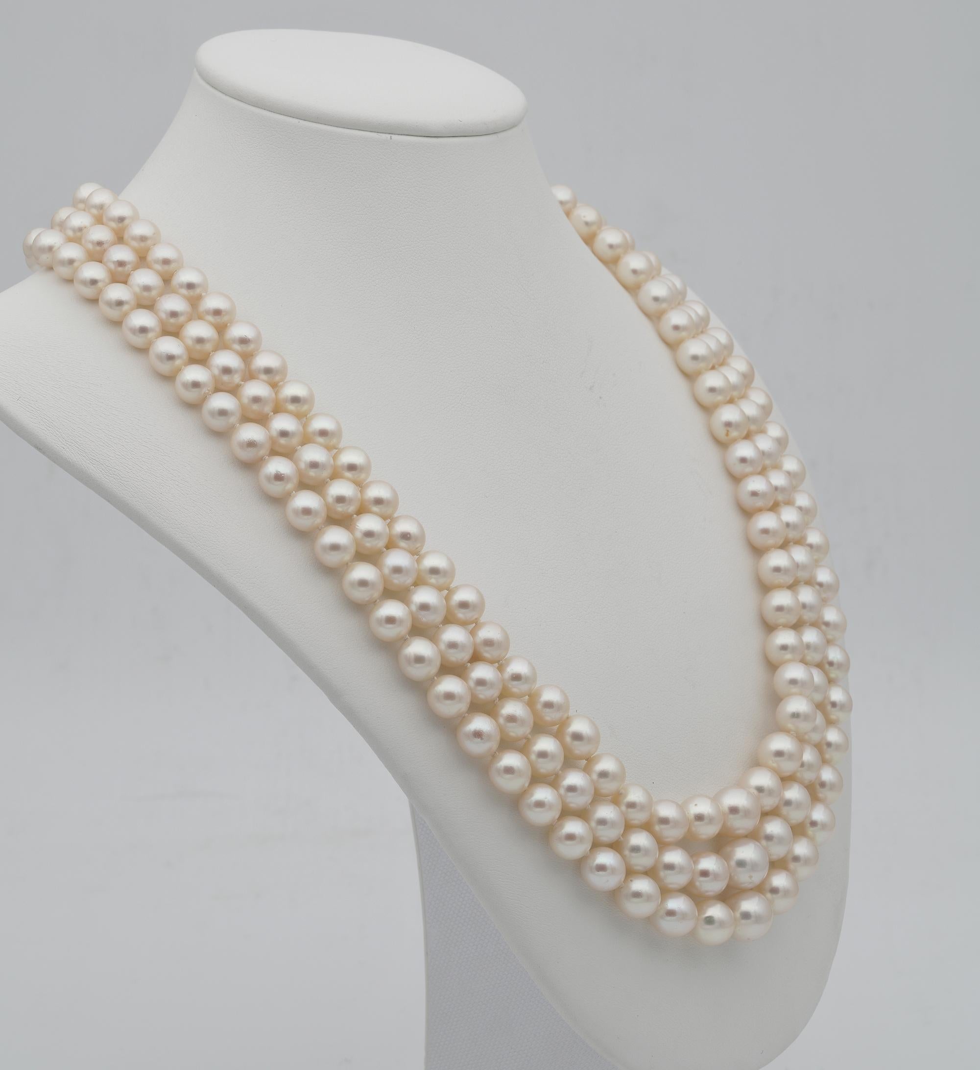 Deco Glamour

This magnificent triple strand pearl necklace dates 1925 ca

Throughout the history, the pearl, with its warm inner glow and shimmering iridescence, has been one of the most highly prized and sought after gems, symbolizing purity and
