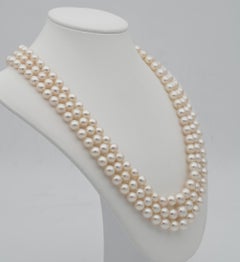 Antique Art Deco Triple Strand Pearl Necklace Sapphire Diamond Clasp