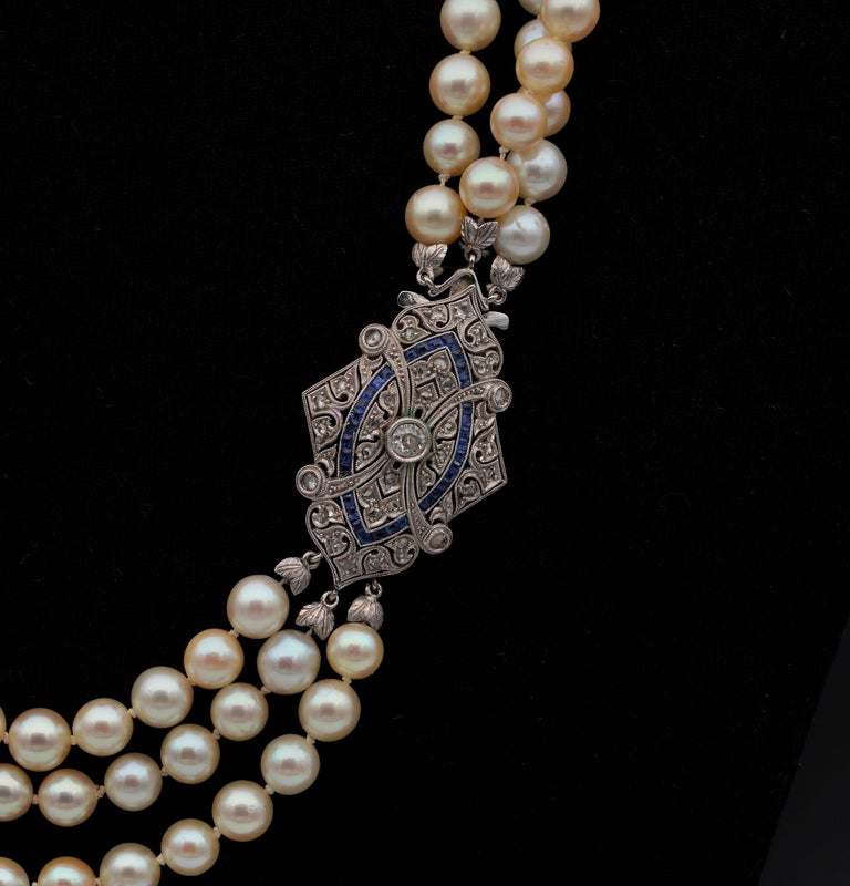 Antique Art Deco Triple Strand Pearl Necklace Sapphire Diamond Clasp at 1stDibs