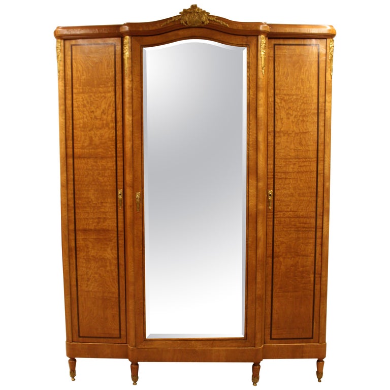 Antique Art Deco Vintage Large Mirrored 3 Door Armoire Ornate Brass and
