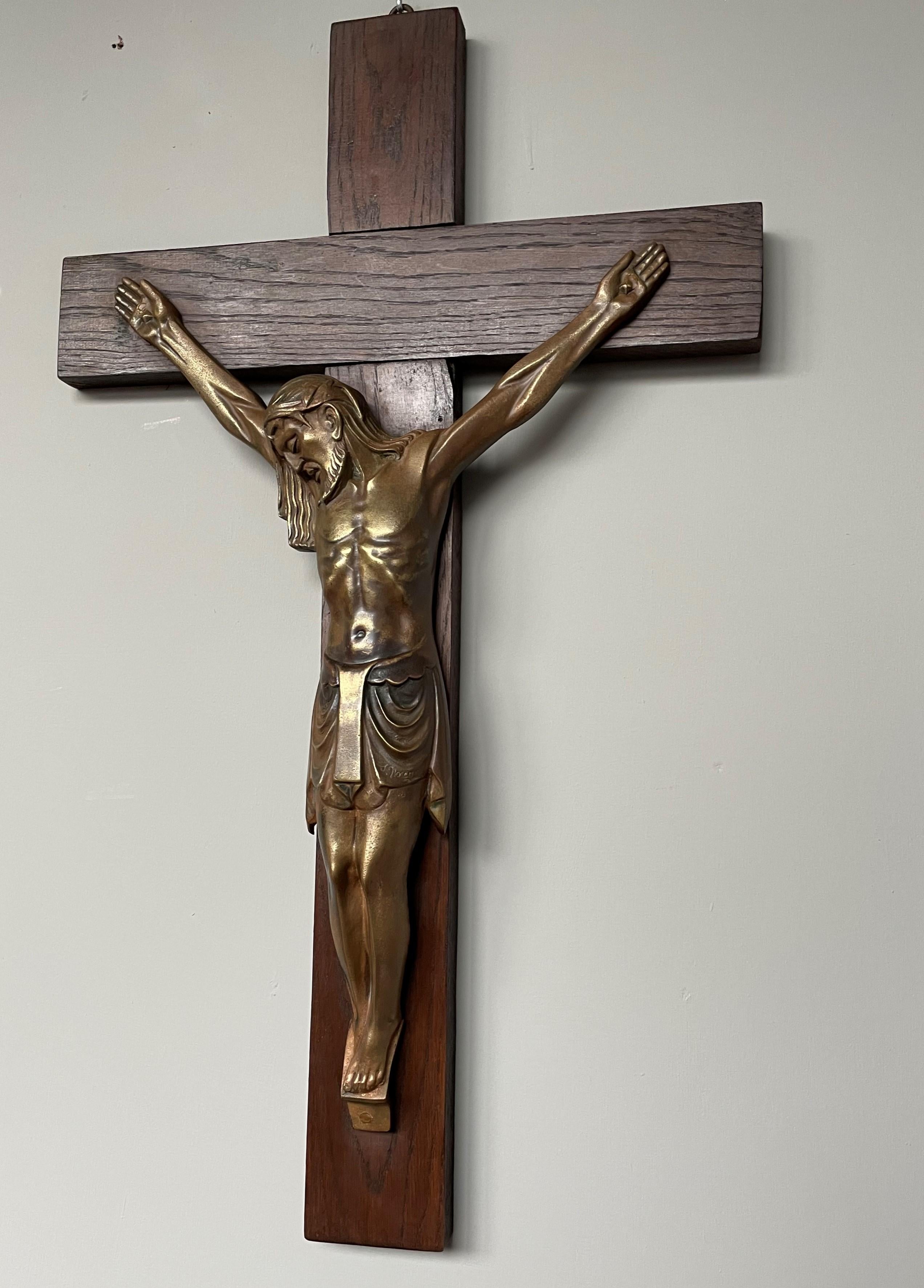 Antique Art Deco Wall Crucifix w. Bronze Christ Corpus by Sculptor Sylvain Norga 9