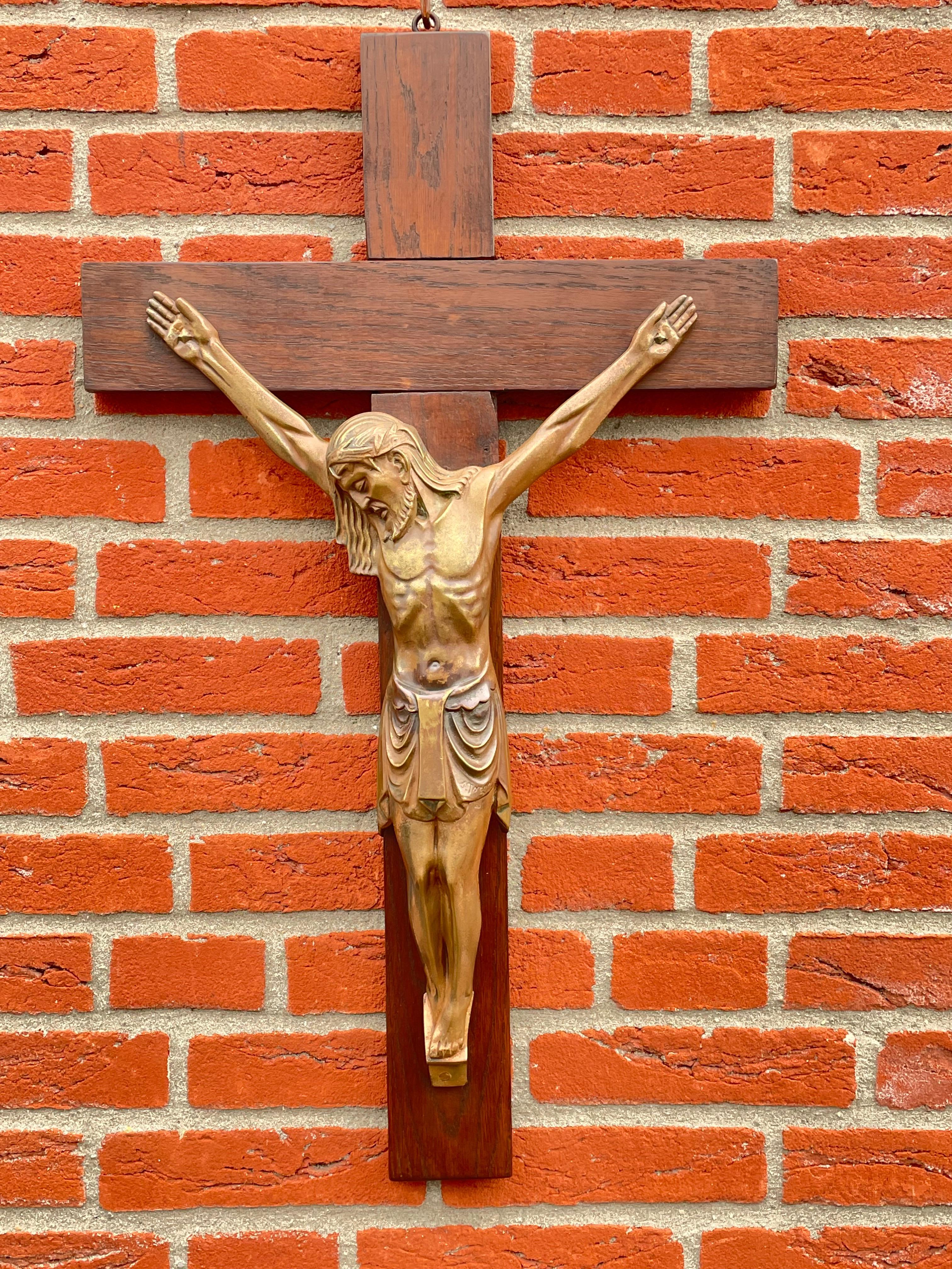 Antique Art Deco Wall Crucifix w. Bronze Christ Corpus by Sculptor Sylvain Norga 11