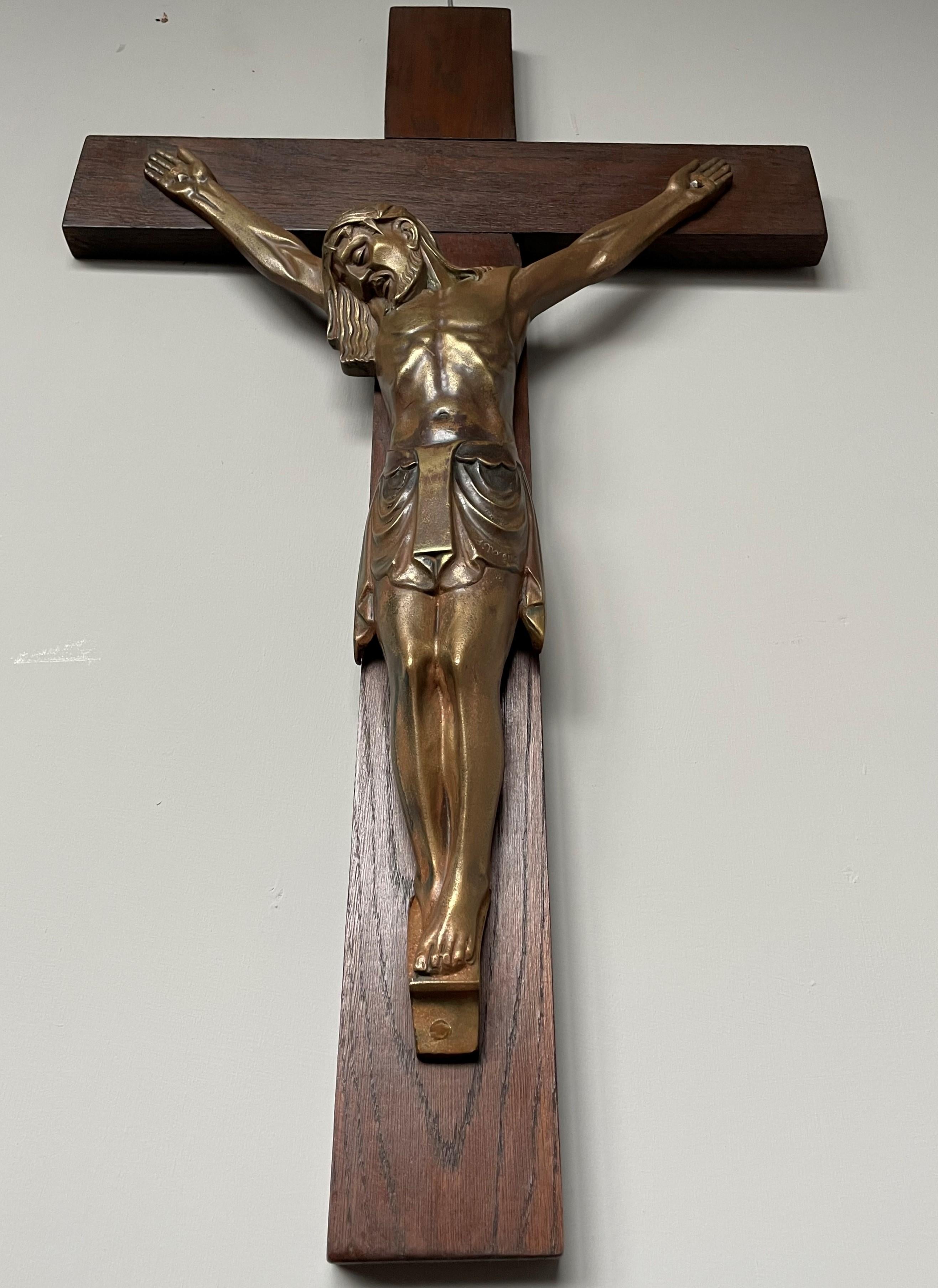 Antique Art Deco Wall Crucifix w. Bronze Christ Corpus by Sculptor Sylvain Norga 12