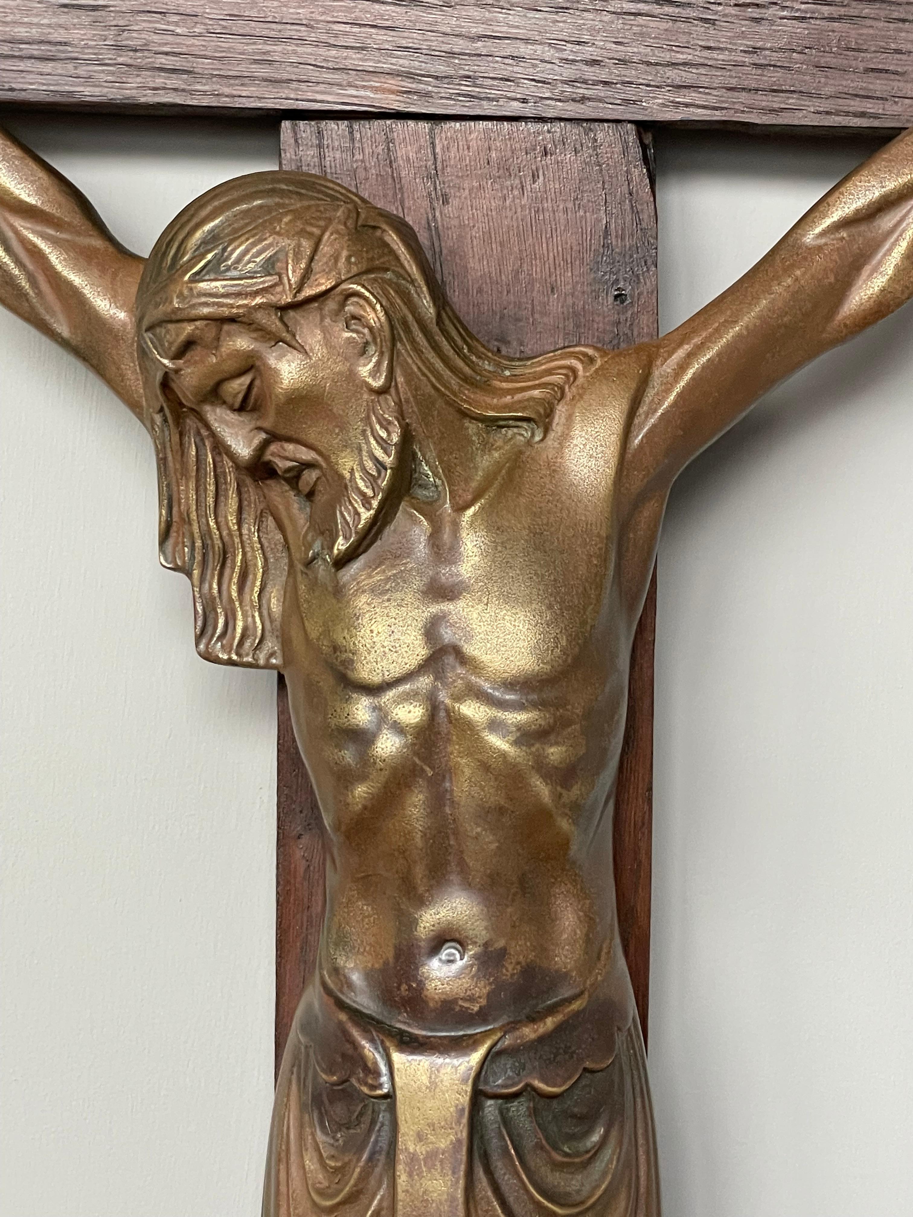 Belgian Antique Art Deco Wall Crucifix w. Bronze Christ Corpus by Sculptor Sylvain Norga