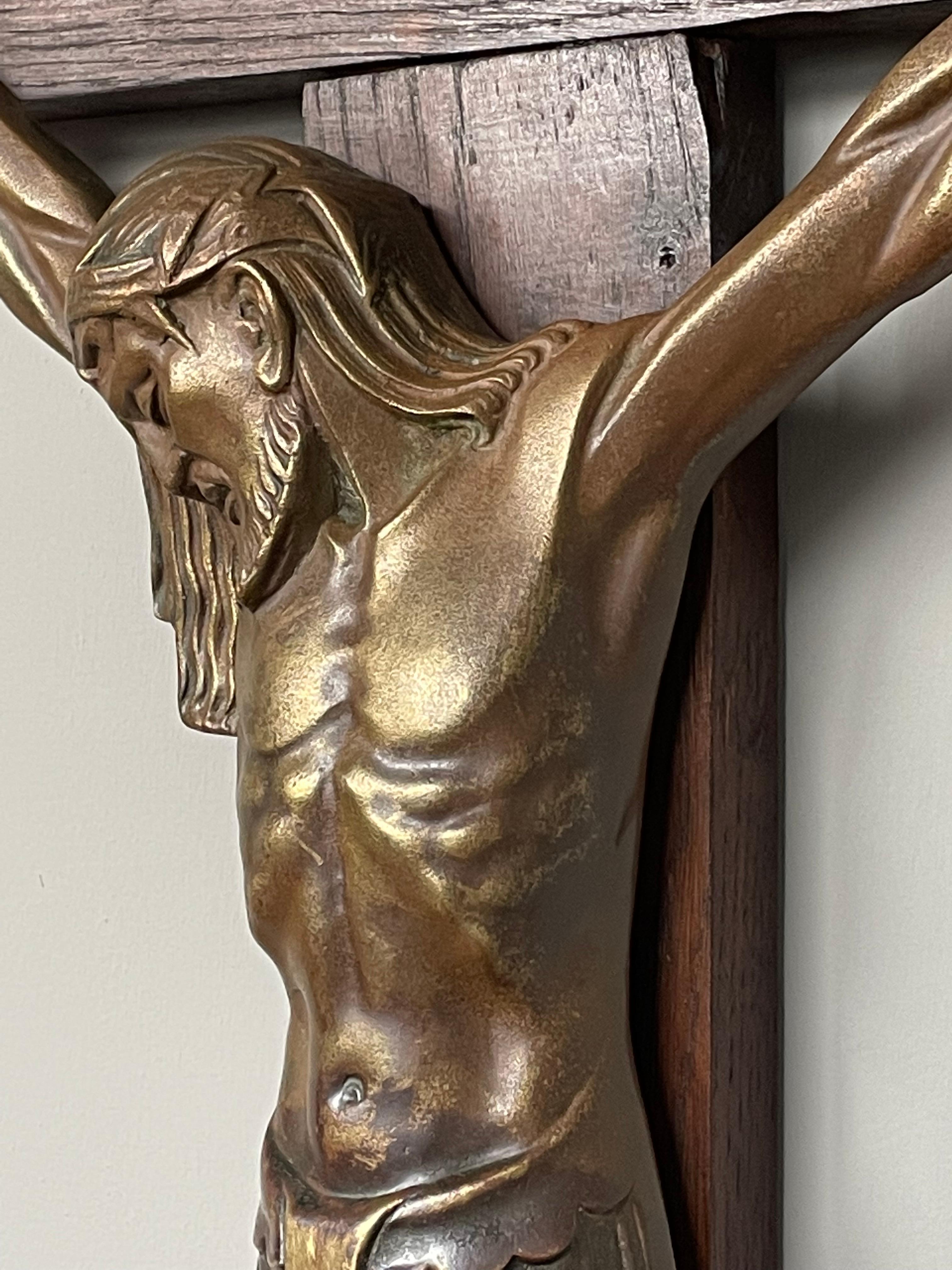 Cast Antique Art Deco Wall Crucifix w. Bronze Christ Corpus by Sculptor Sylvain Norga