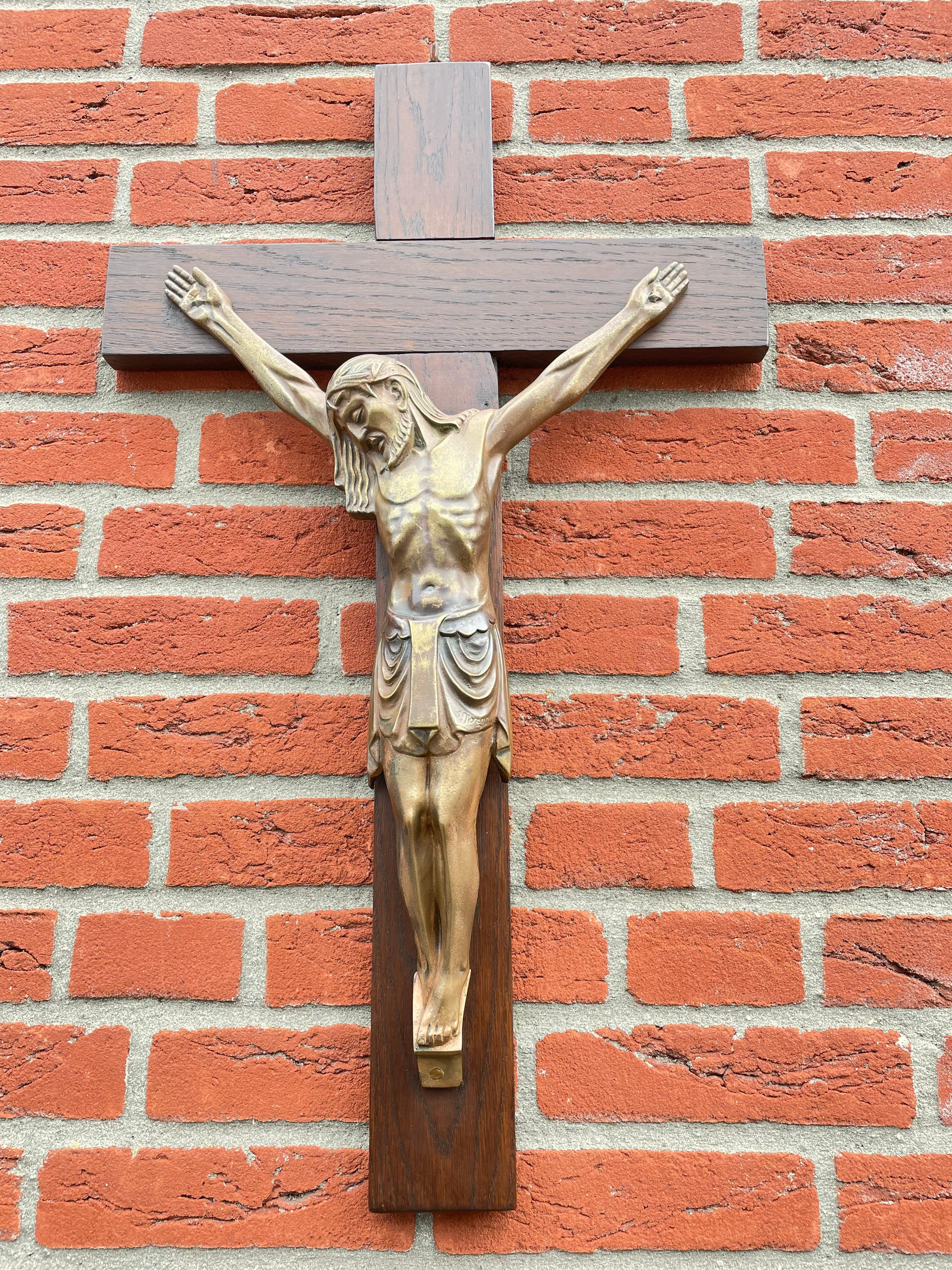Antique Art Deco Wall Crucifix w. Bronze Christ Corpus by Sculptor Sylvain Norga In Good Condition In Lisse, NL