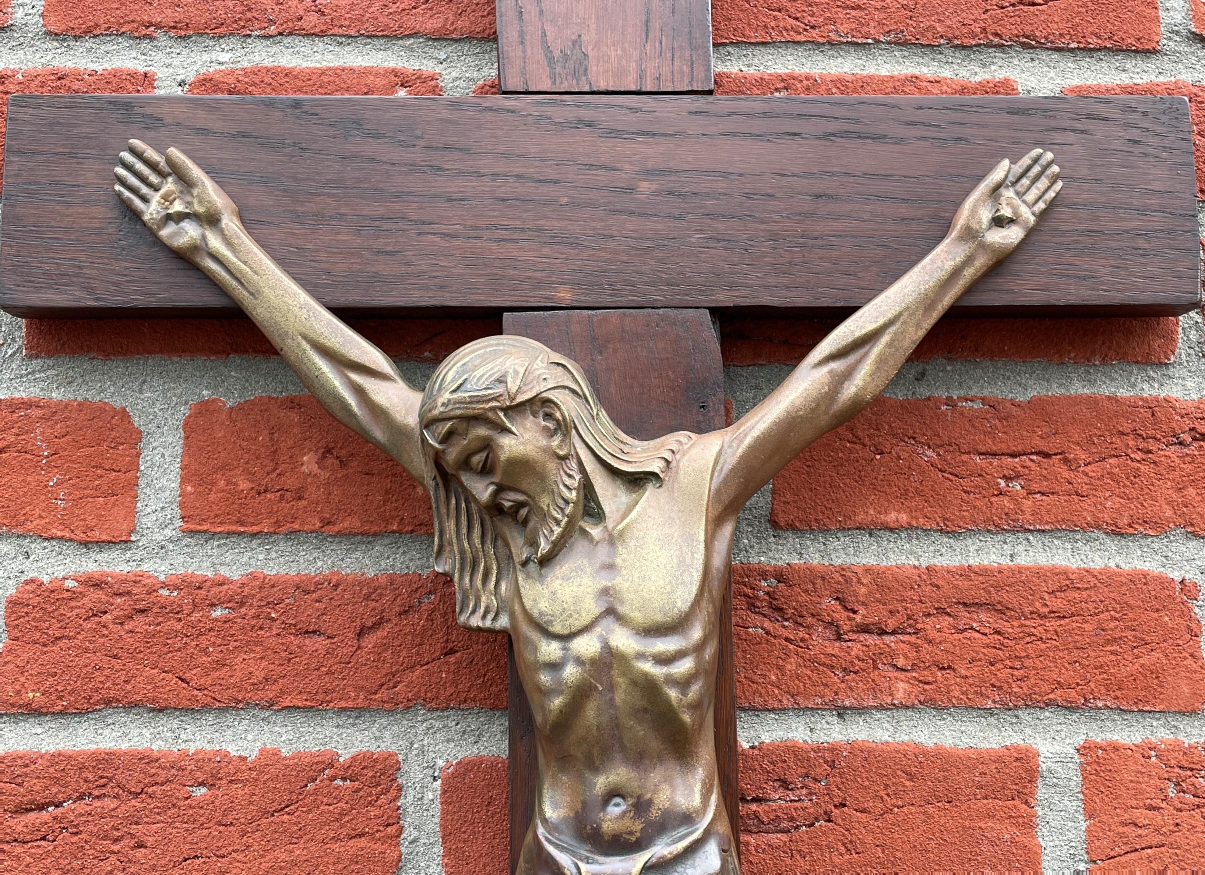20th Century Antique Art Deco Wall Crucifix w. Bronze Christ Corpus by Sculptor Sylvain Norga