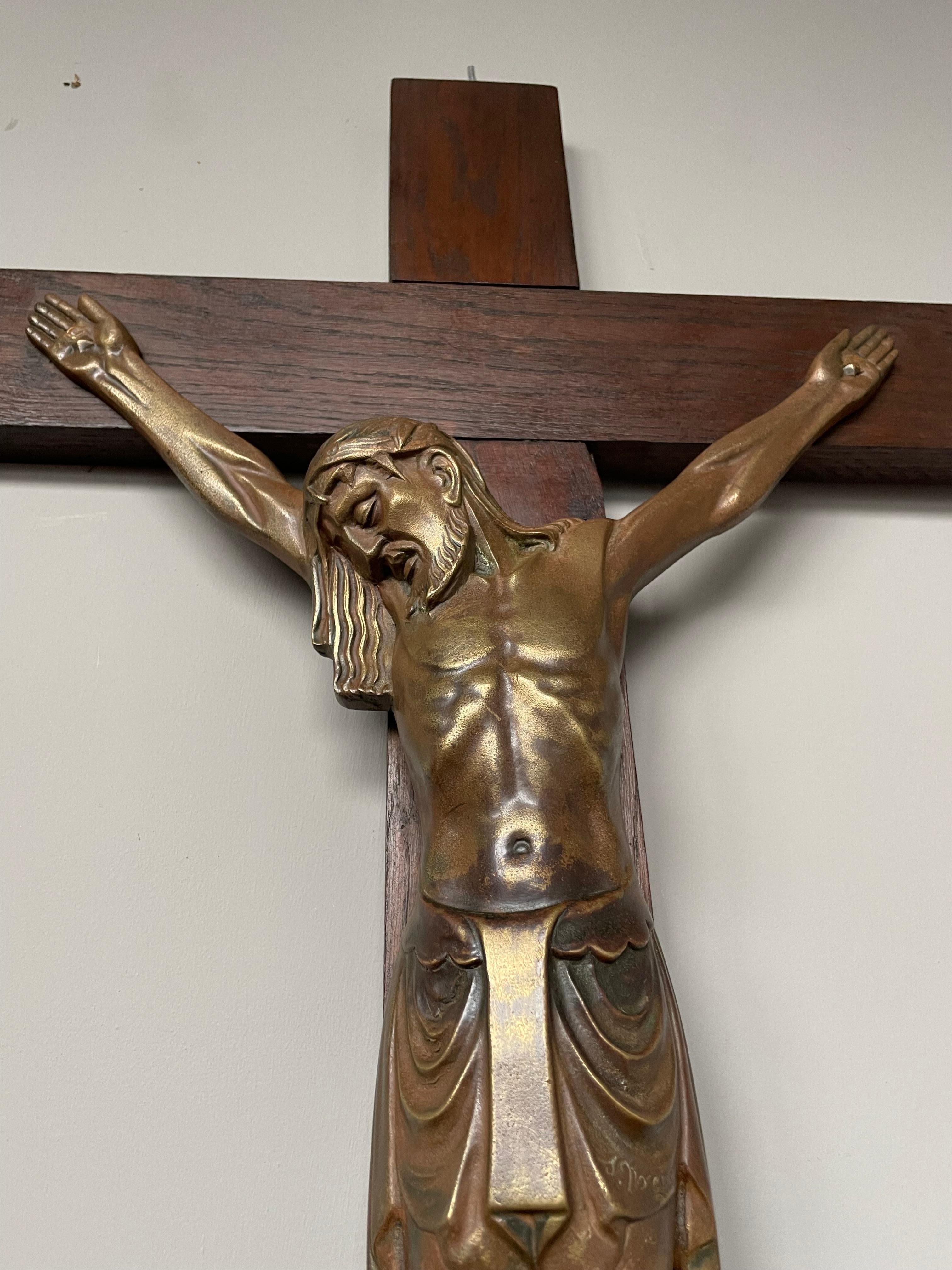 Antique Art Deco Wall Crucifix w. Bronze Christ Corpus by Sculptor Sylvain Norga 3
