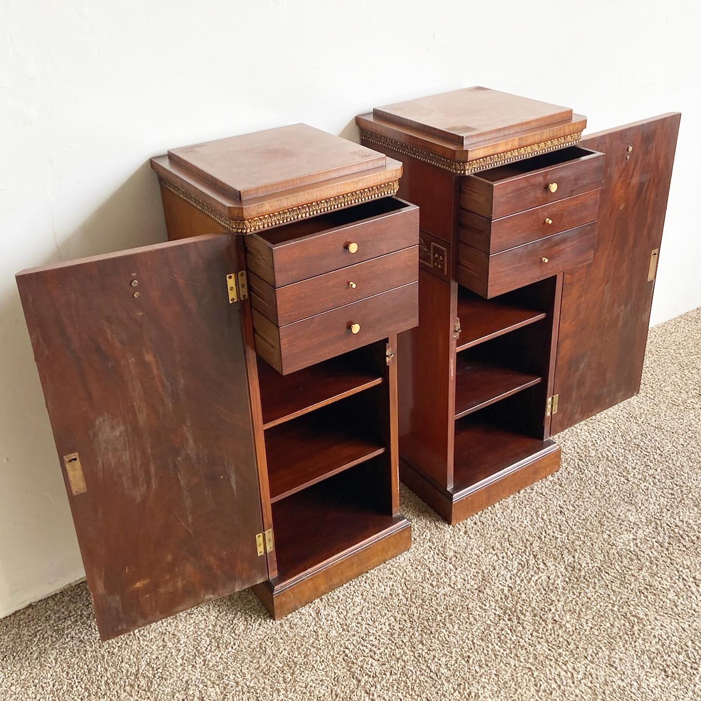 Antique Art Deco Walnut and Burlwood Pedestal Cabinets, a Pair 5