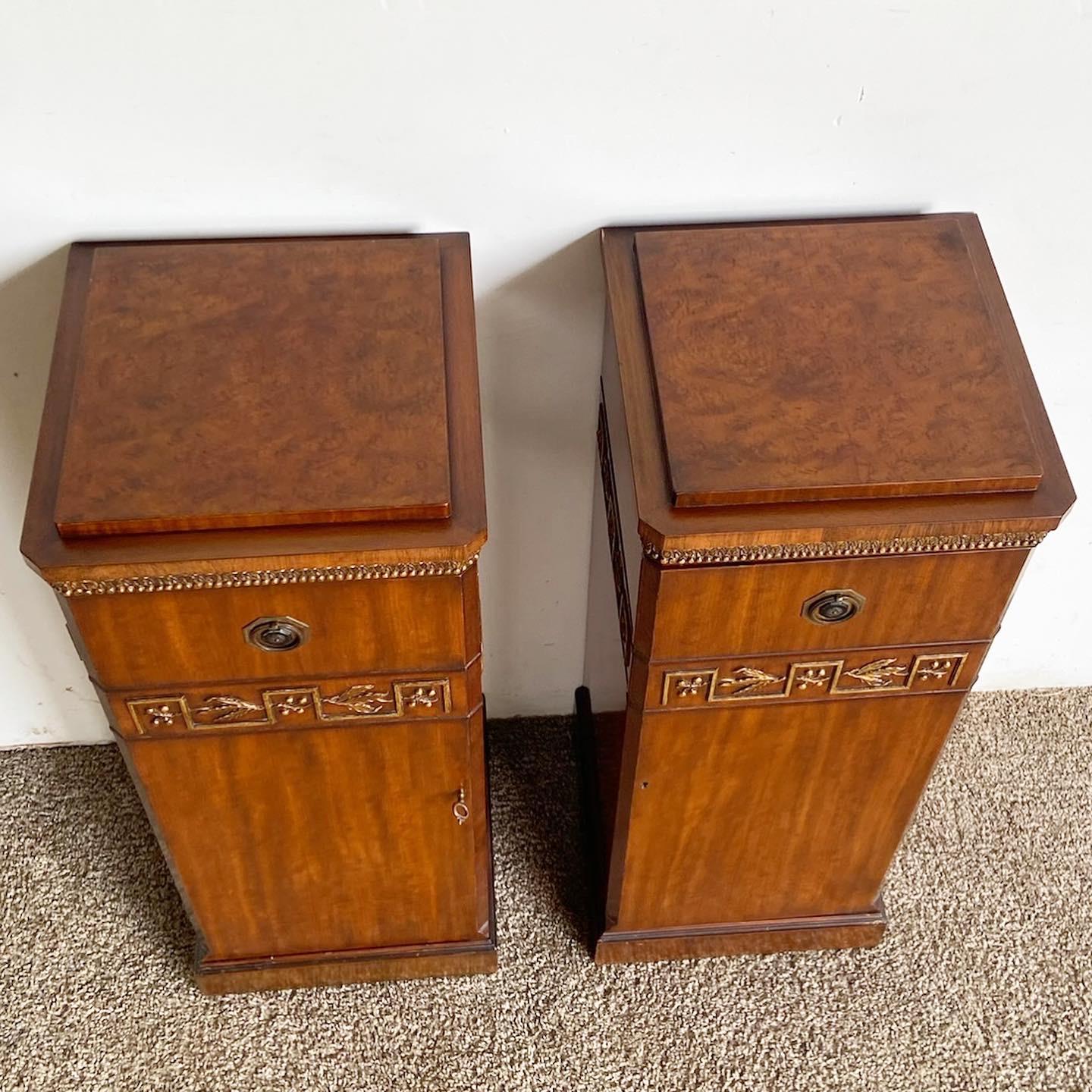 Antique Art Deco Walnut and Burlwood Pedestal Cabinets, a Pair 8