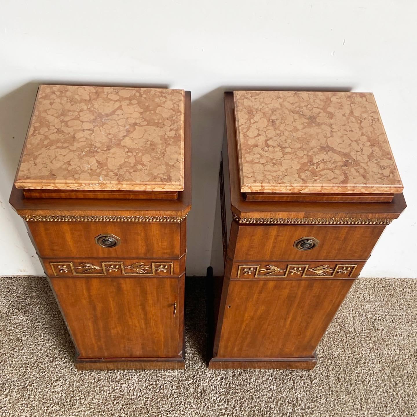 Antique Art Deco Walnut and Burlwood Pedestal Cabinets, a Pair In Good Condition In Delray Beach, FL