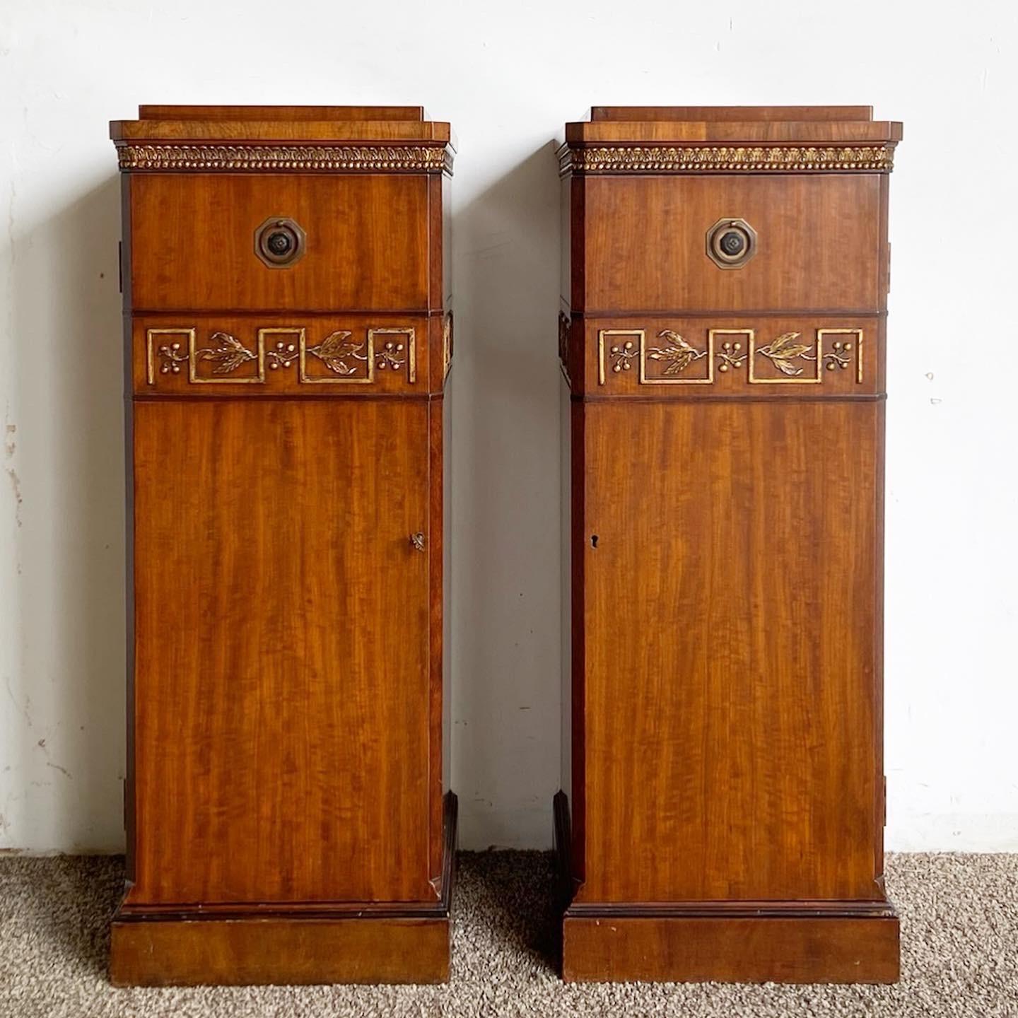 Wood Antique Art Deco Walnut and Burlwood Pedestal Cabinets, a Pair