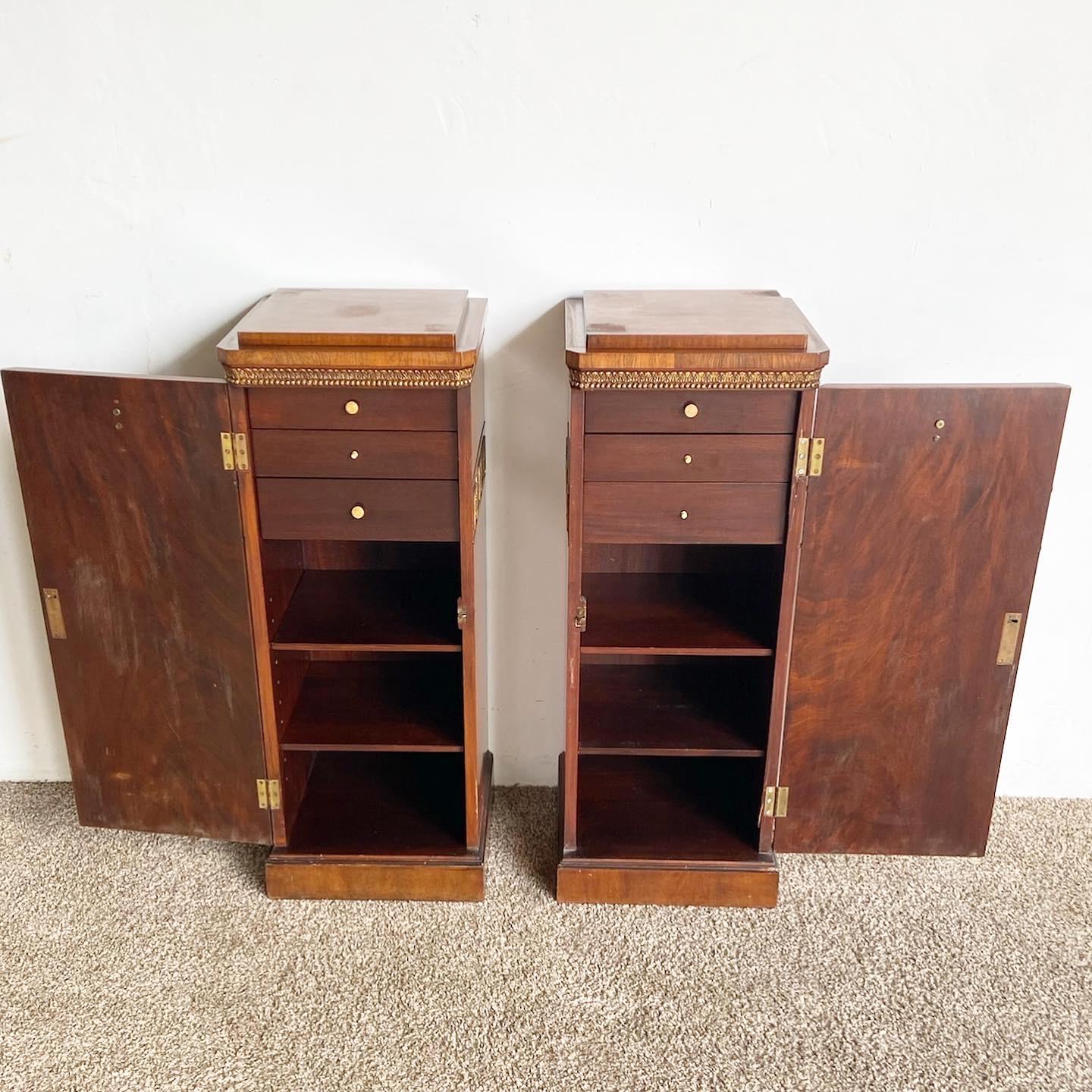 Antique Art Deco Walnut and Burlwood Pedestal Cabinets, a Pair 1