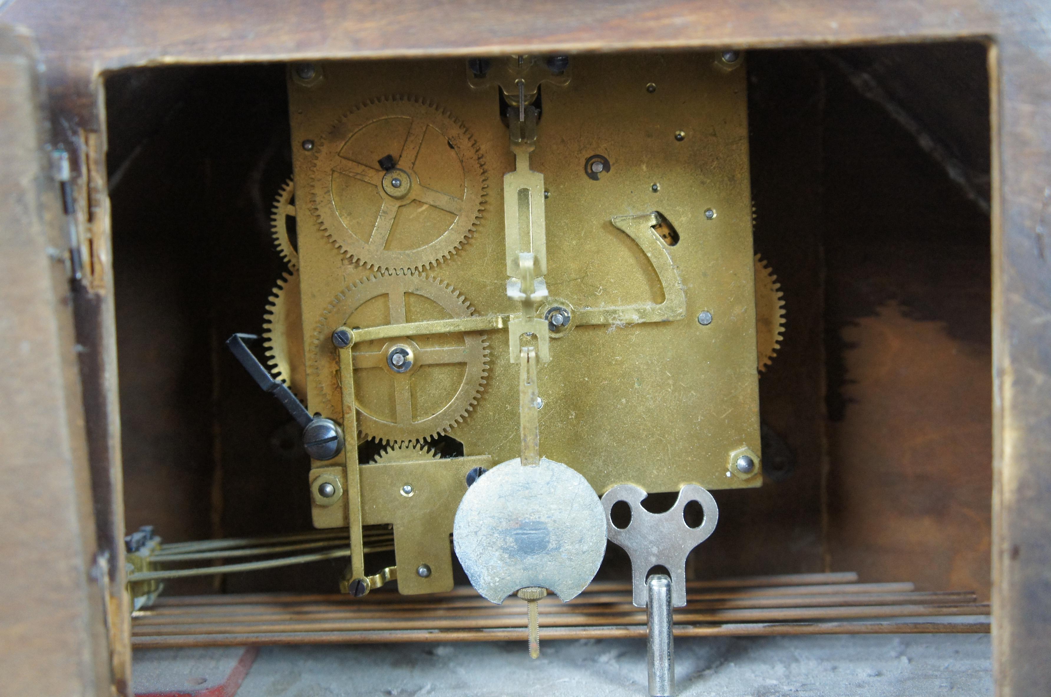 Antique Art Deco Walnut Mantel Desk Clock Key Wound Chiming Bauhaus 3