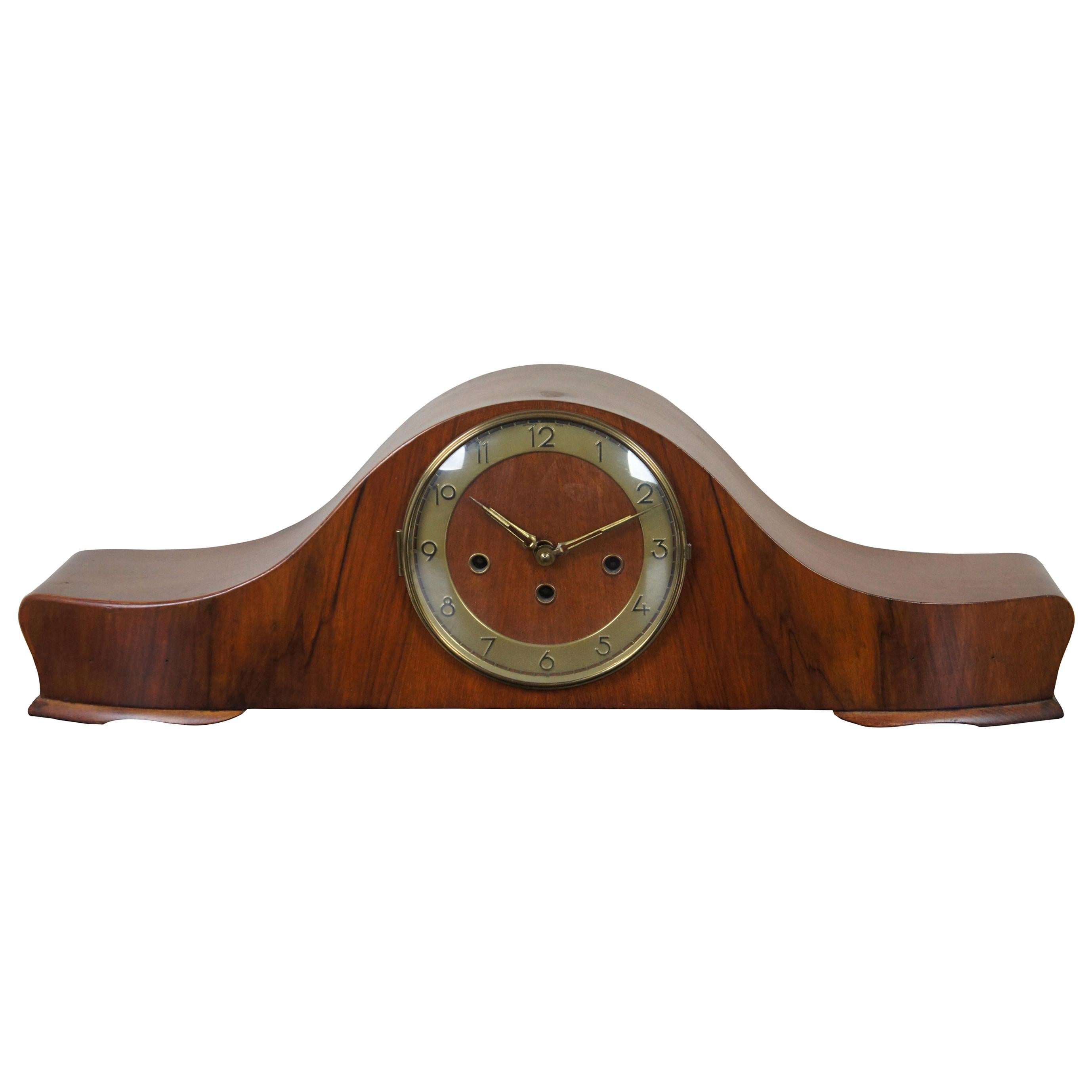 Antique Art Deco Walnut Mantel Desk Clock Key Wound Chiming Bauhaus
