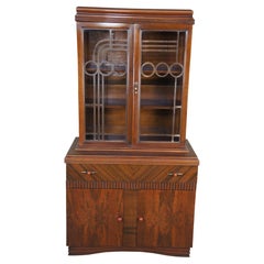 Antique Art Deco Walnut Stepback Cupboard China Display Cabinet Boookcase