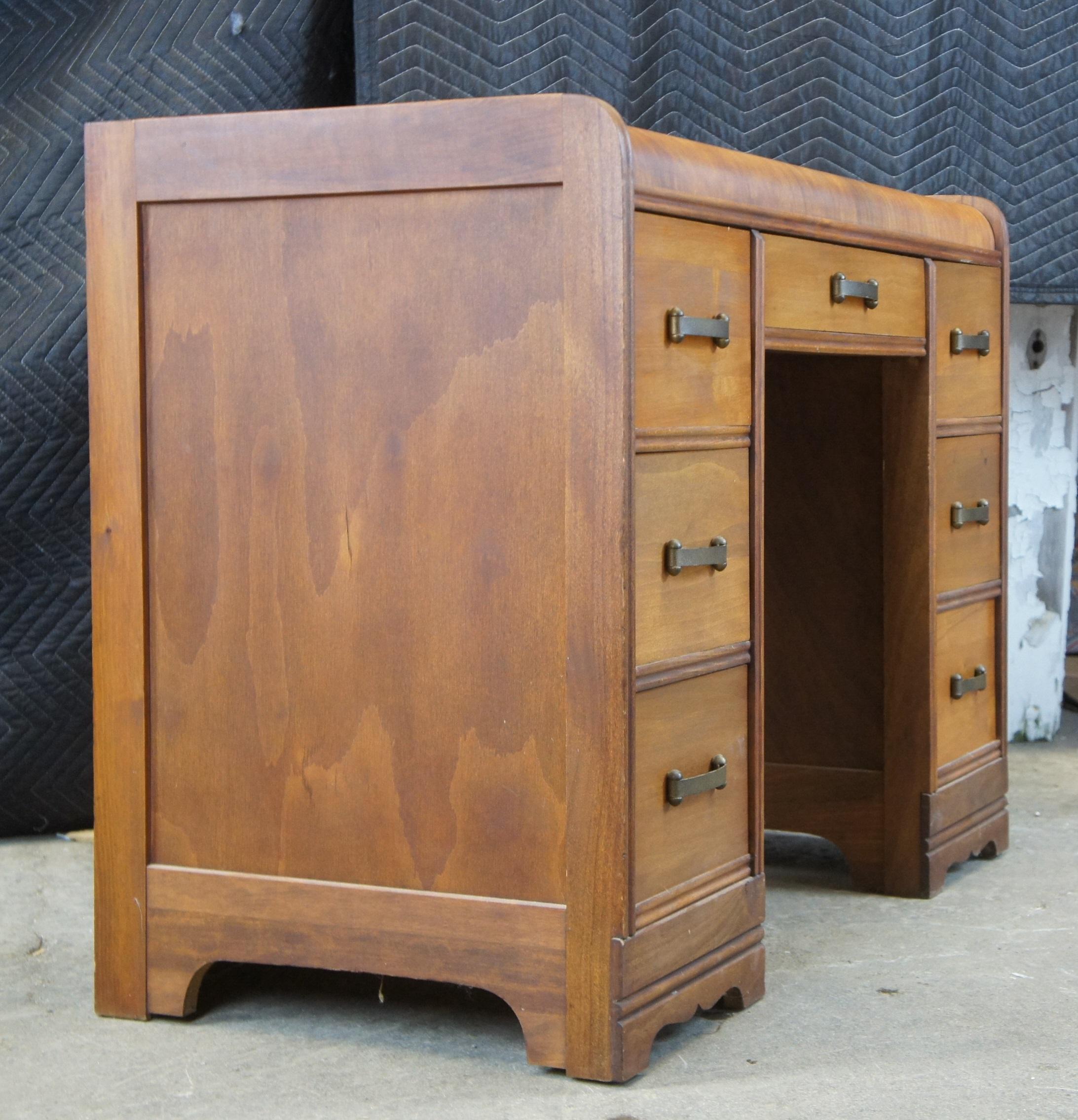 Antique Art Deco Walnut Waterfall Kneehole Writing Desk Vanity Dressing Table 40 3