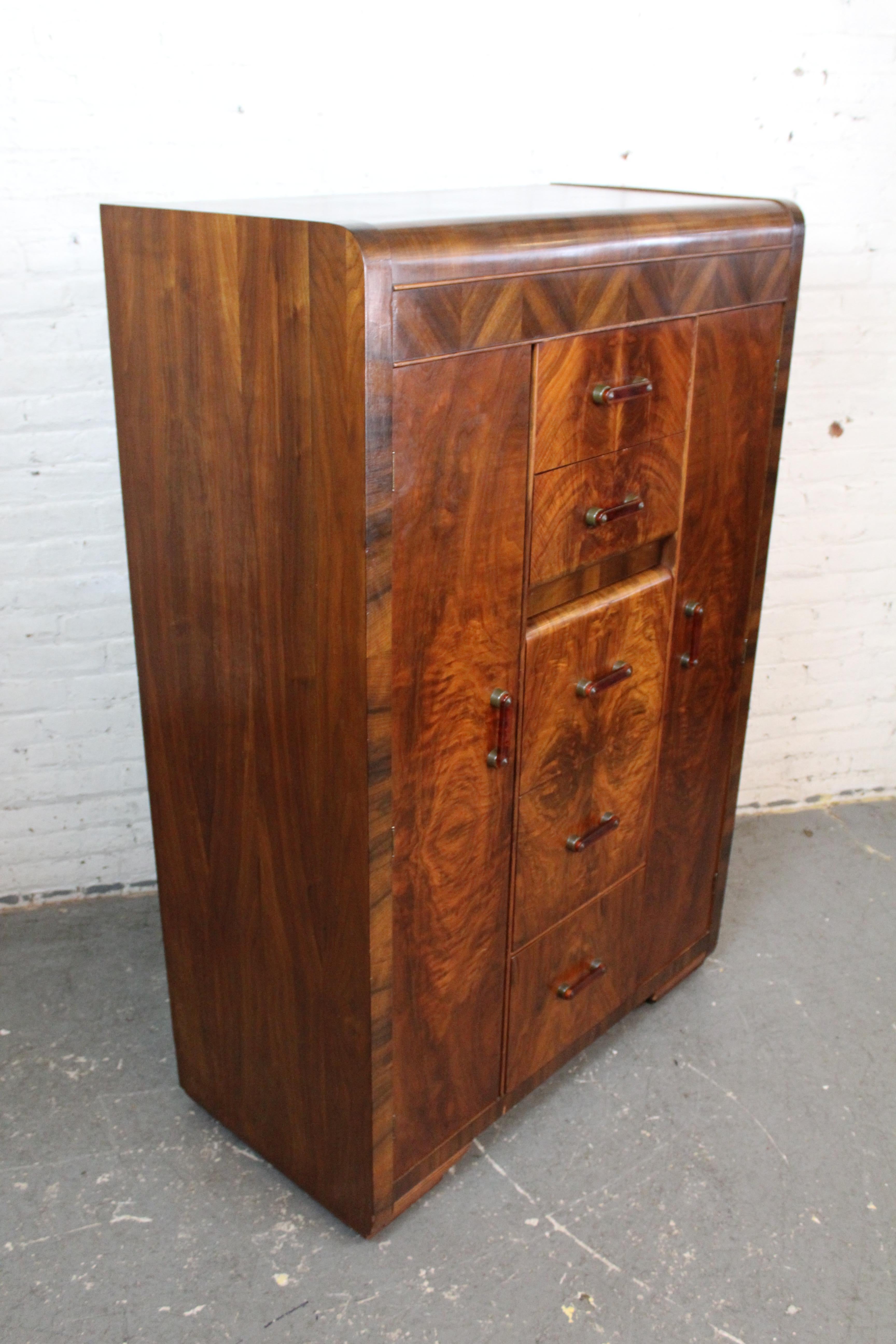 American Antique Art Deco Waterfall Burl Wardrobe by Tri-Bond
