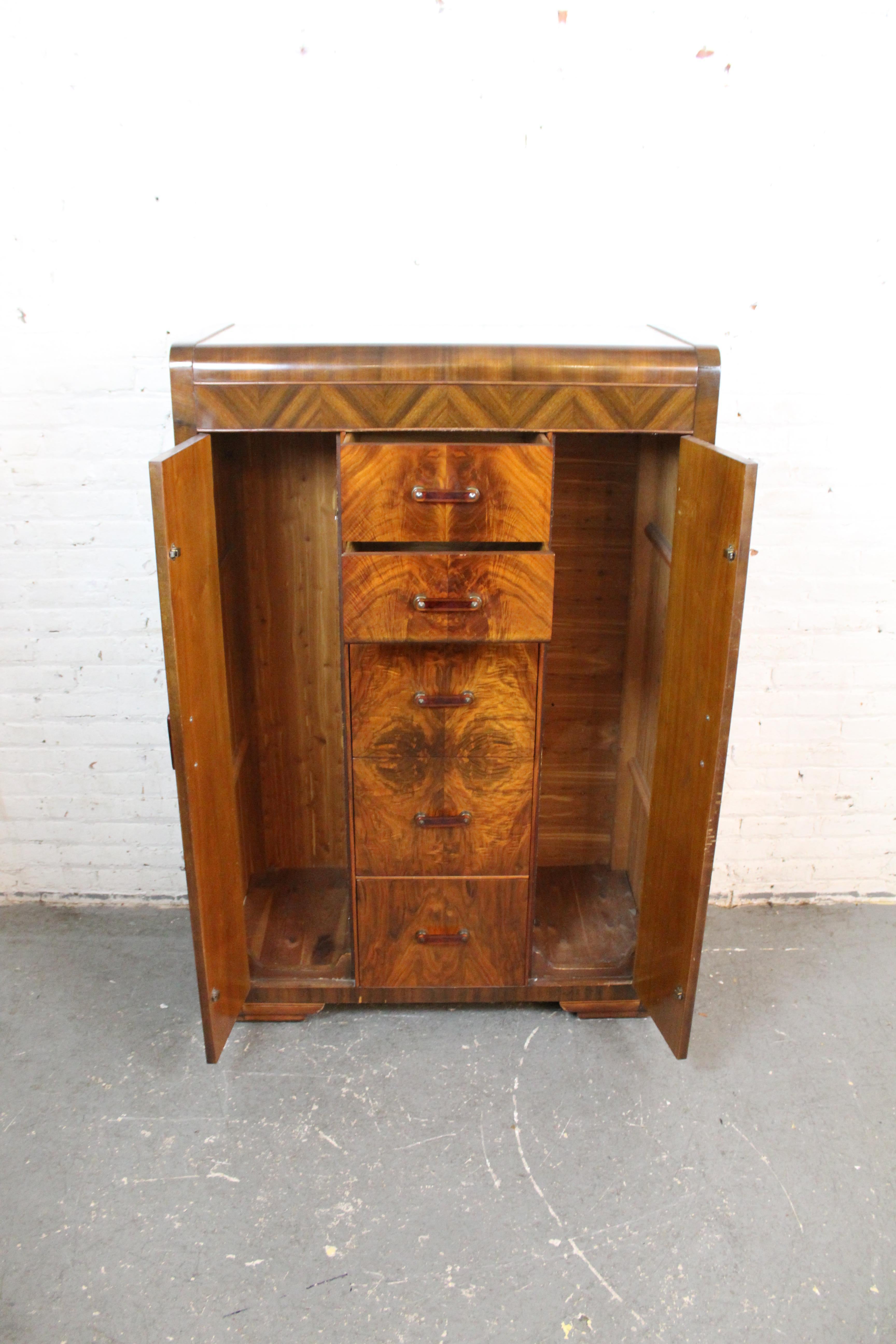 Antique Art Deco Waterfall Burl Wardrobe by Tri-Bond 1