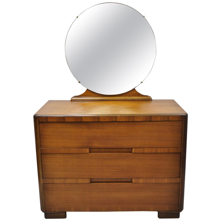 Drawer Dresser Chest With Round Mirror, Antique Waterfall Dresser With Mirror